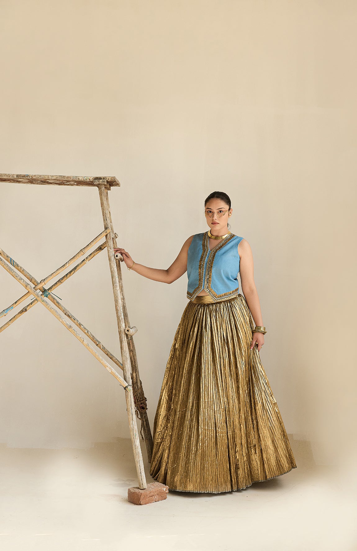 DENIM WAIST COAT AND SILK JECQUARD CRUSHED LEHANGA