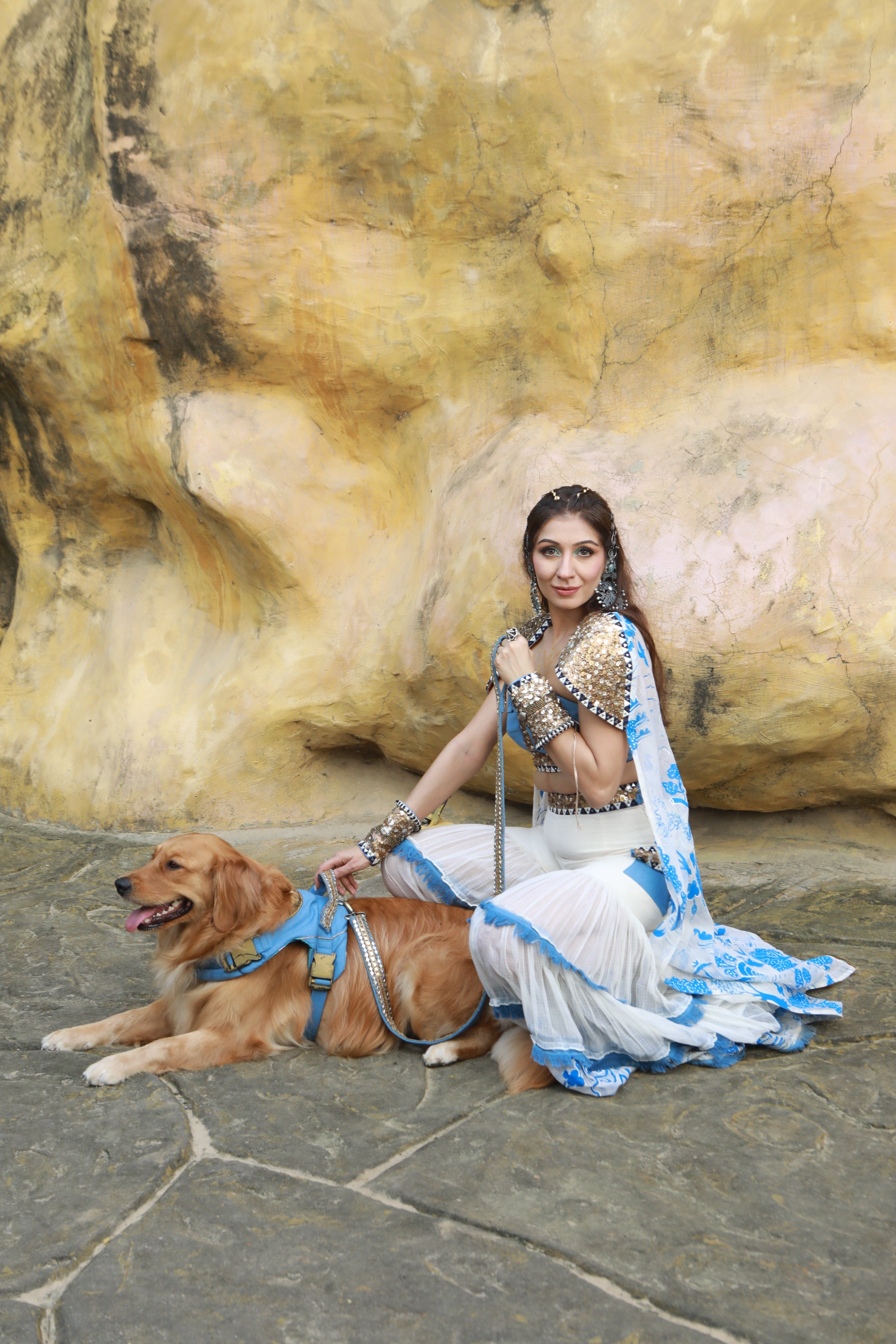 IVORY KOTA DORIA HAND PAINTED SHARARA WITH DENIM EMBELLISHED BUSTIER WITH IVORY HAND PAINTED EMBELLISHED  CAPE