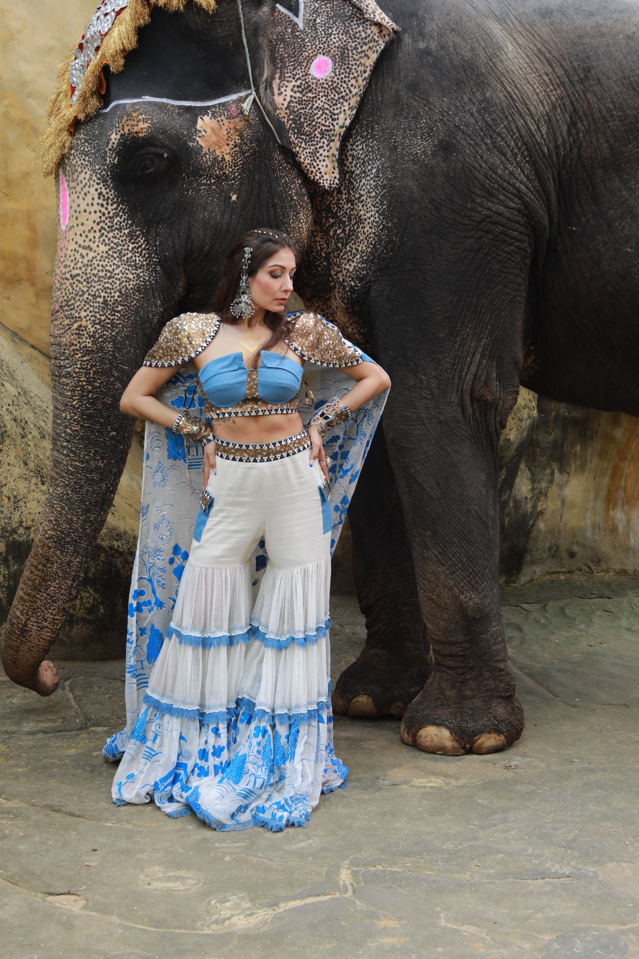 IVORY KOTA DORIA HAND PAINTED SHARARA WITH DENIM EMBELLISHED BUSTIER WITH IVORY HAND PAINTED EMBELLISHED  CAPE