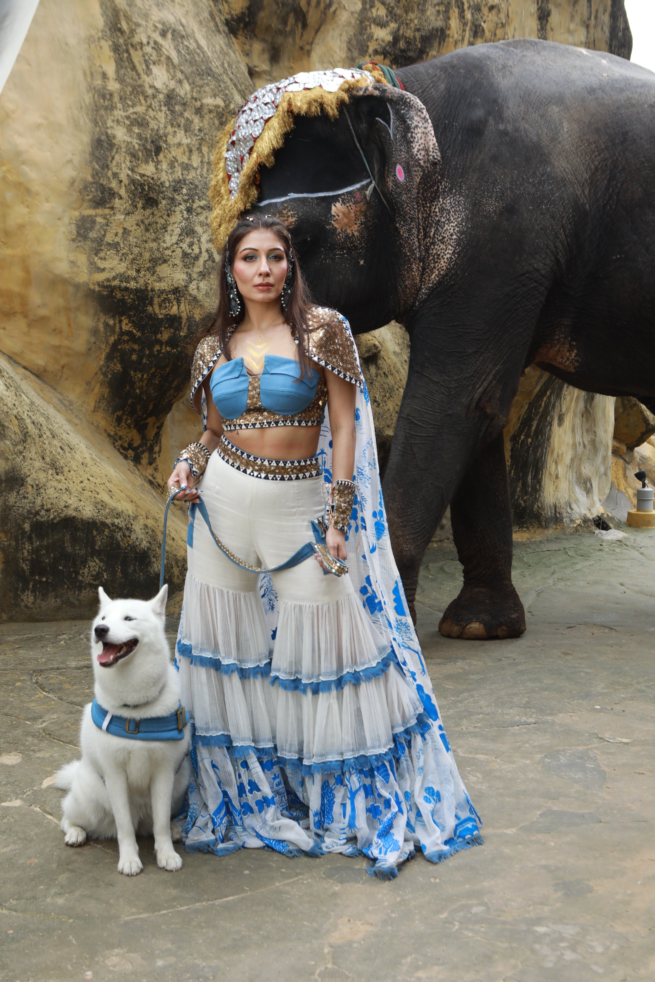 IVORY KOTA DORIA HAND PAINTED SHARARA WITH DENIM EMBELLISHED BUSTIER WITH IVORY HAND PAINTED EMBELLISHED  CAPE