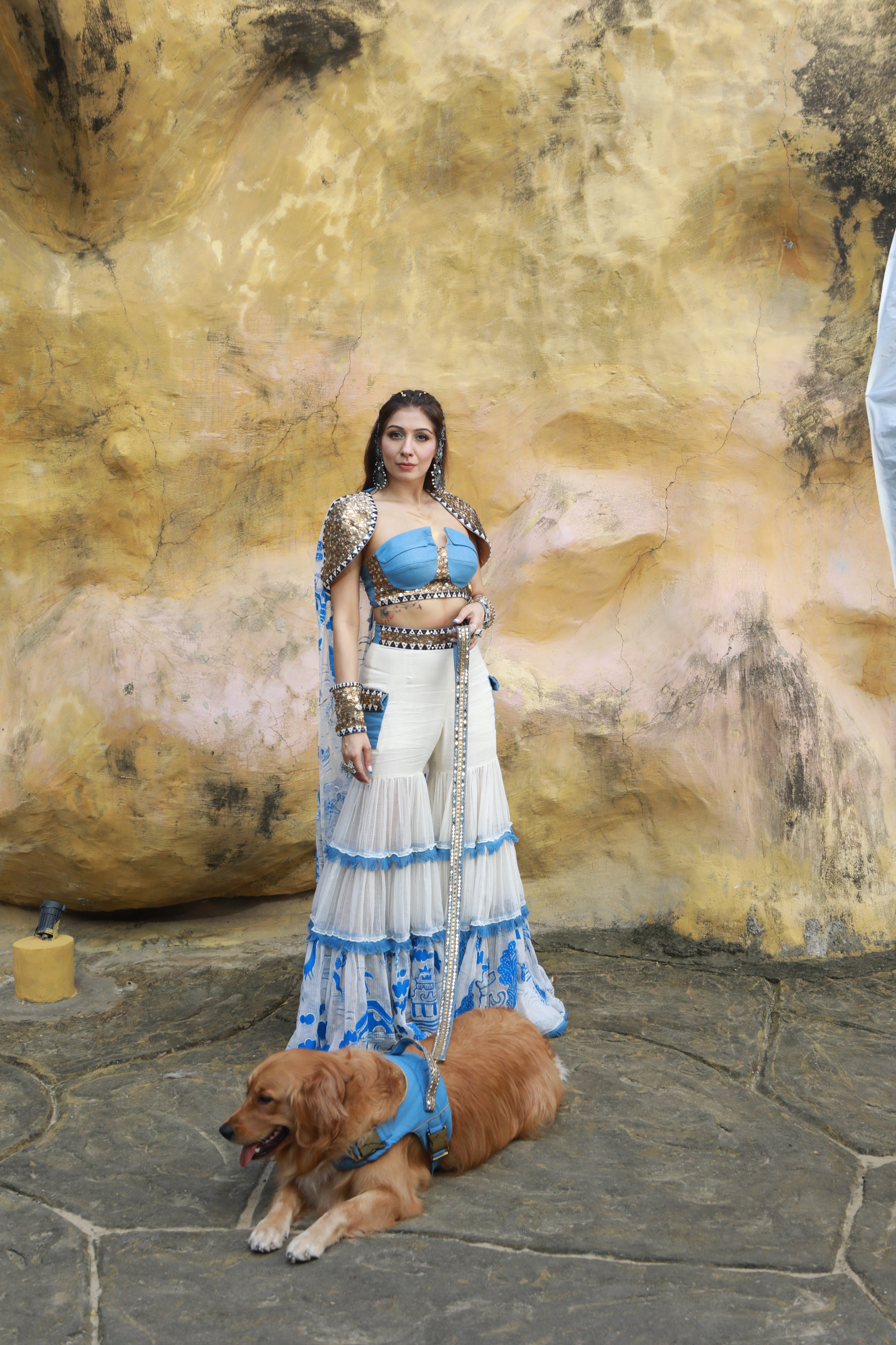 IVORY KOTA DORIA HAND PAINTED SHARARA WITH DENIM EMBELLISHED BUSTIER WITH IVORY HAND PAINTED EMBELLISHED  CAPE