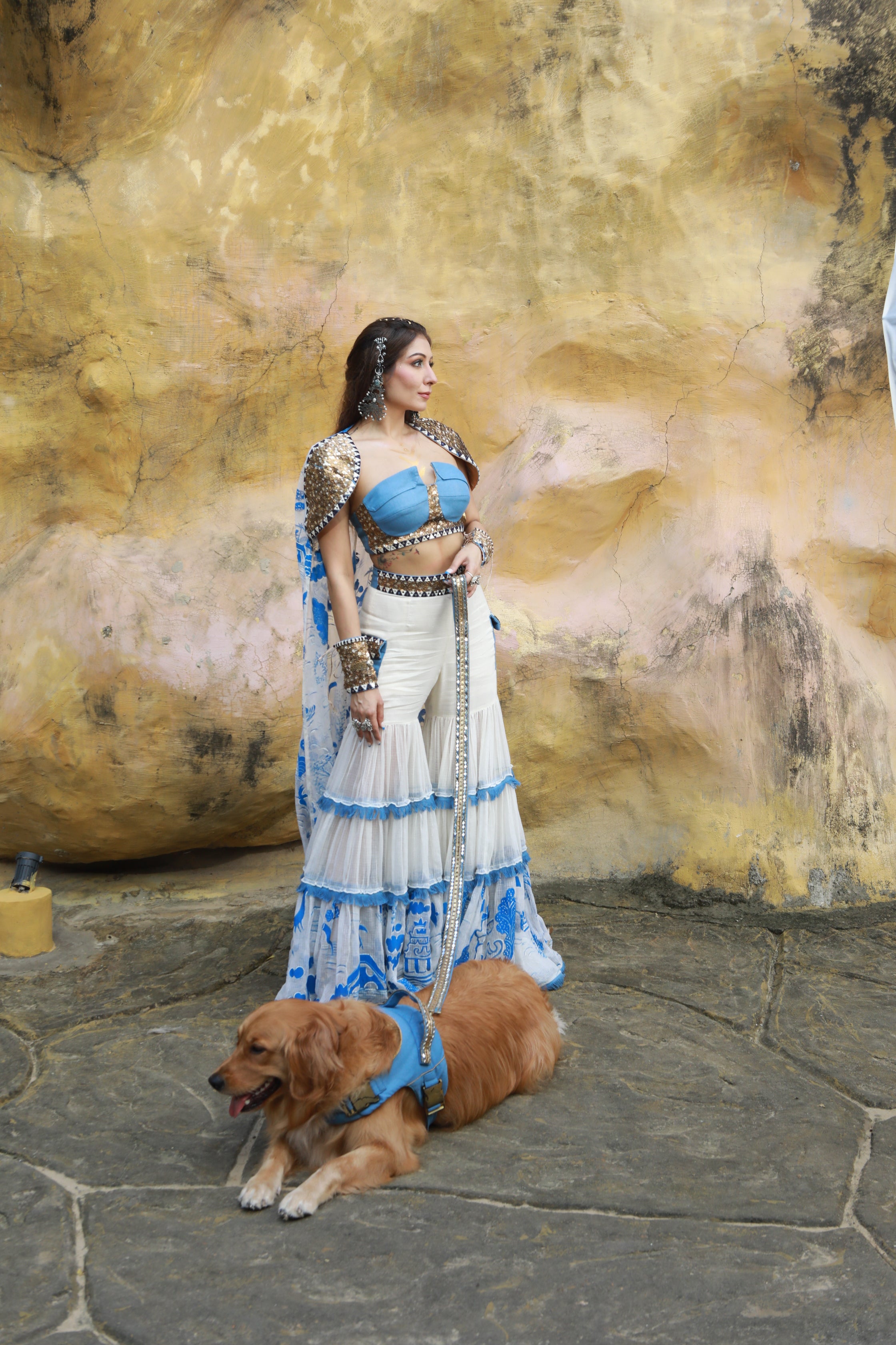 IVORY KOTA DORIA HAND PAINTED SHARARA WITH DENIM EMBELLISHED BUSTIER WITH IVORY HAND PAINTED EMBELLISHED  CAPE