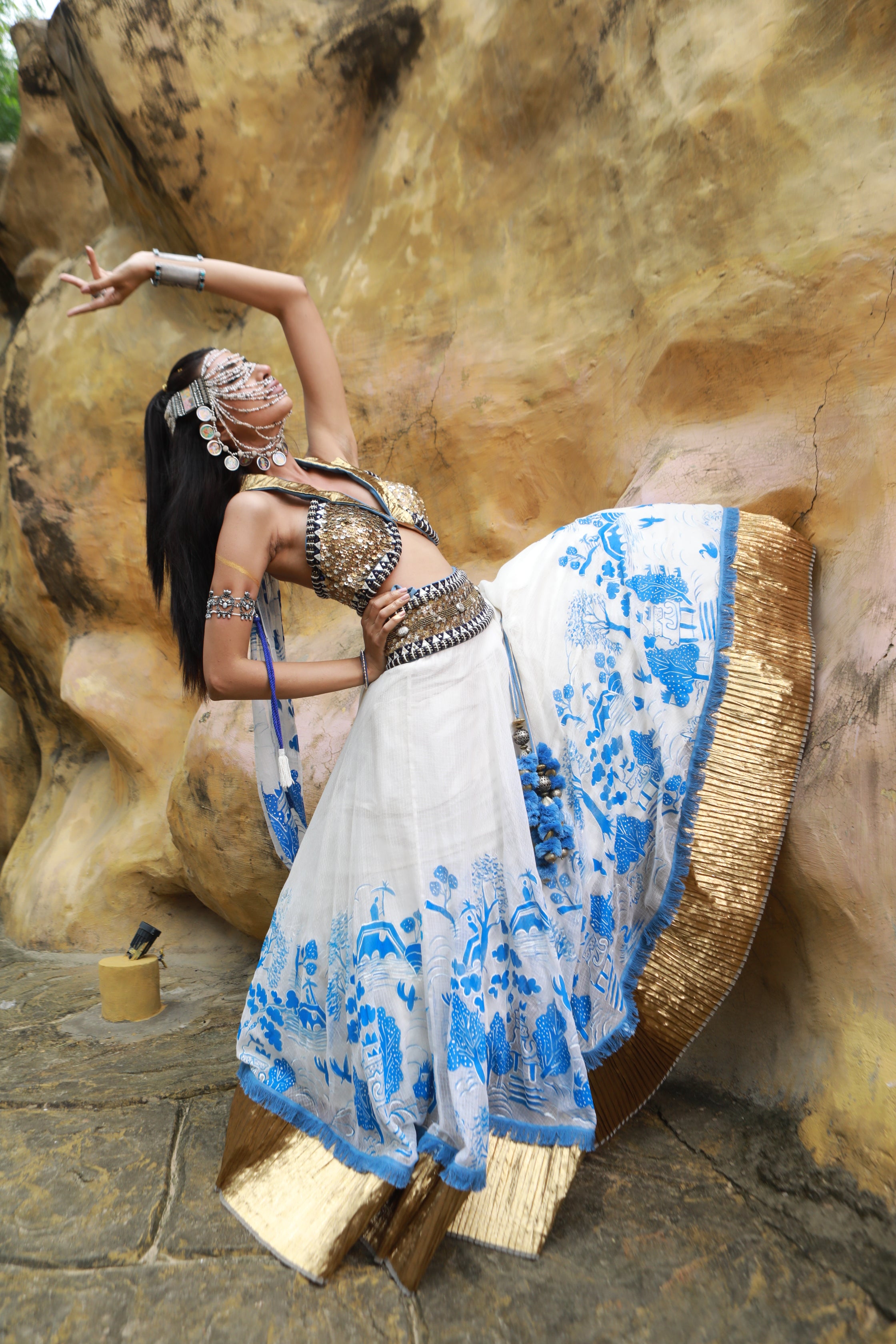 IVORY KOTA DORIA HAND PAINTED LEHANGA WITH EMBELLISHED COLLARED BLOUSE