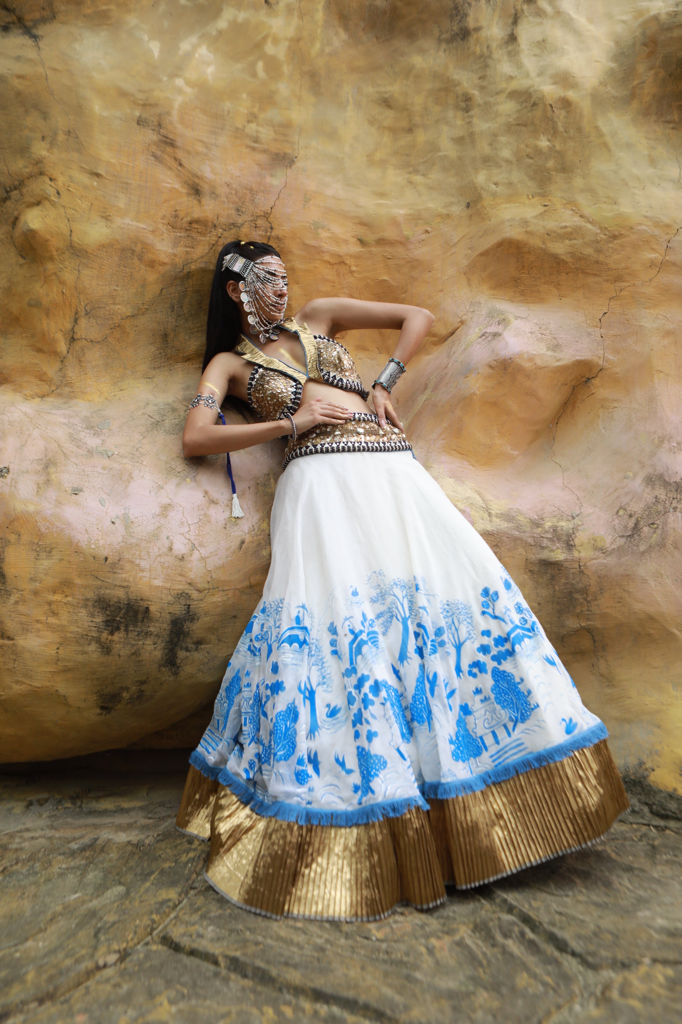 IVORY KOTA DORIA HAND PAINTED LEHANGA WITH EMBELLISHED COLLARED BLOUSE