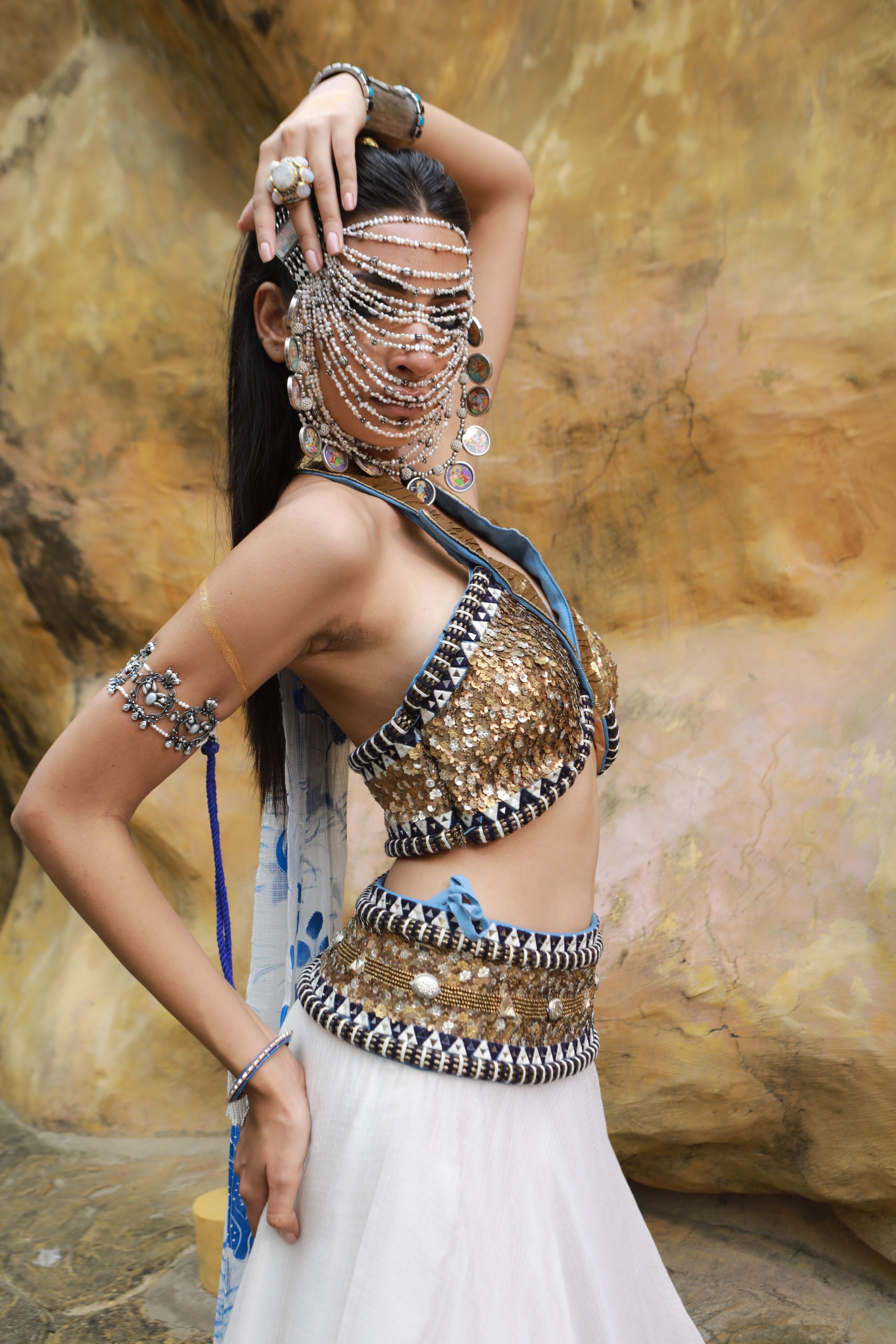 IVORY KOTA DORIA HAND PAINTED LEHANGA WITH EMBELLISHED COLLARED BLOUSE