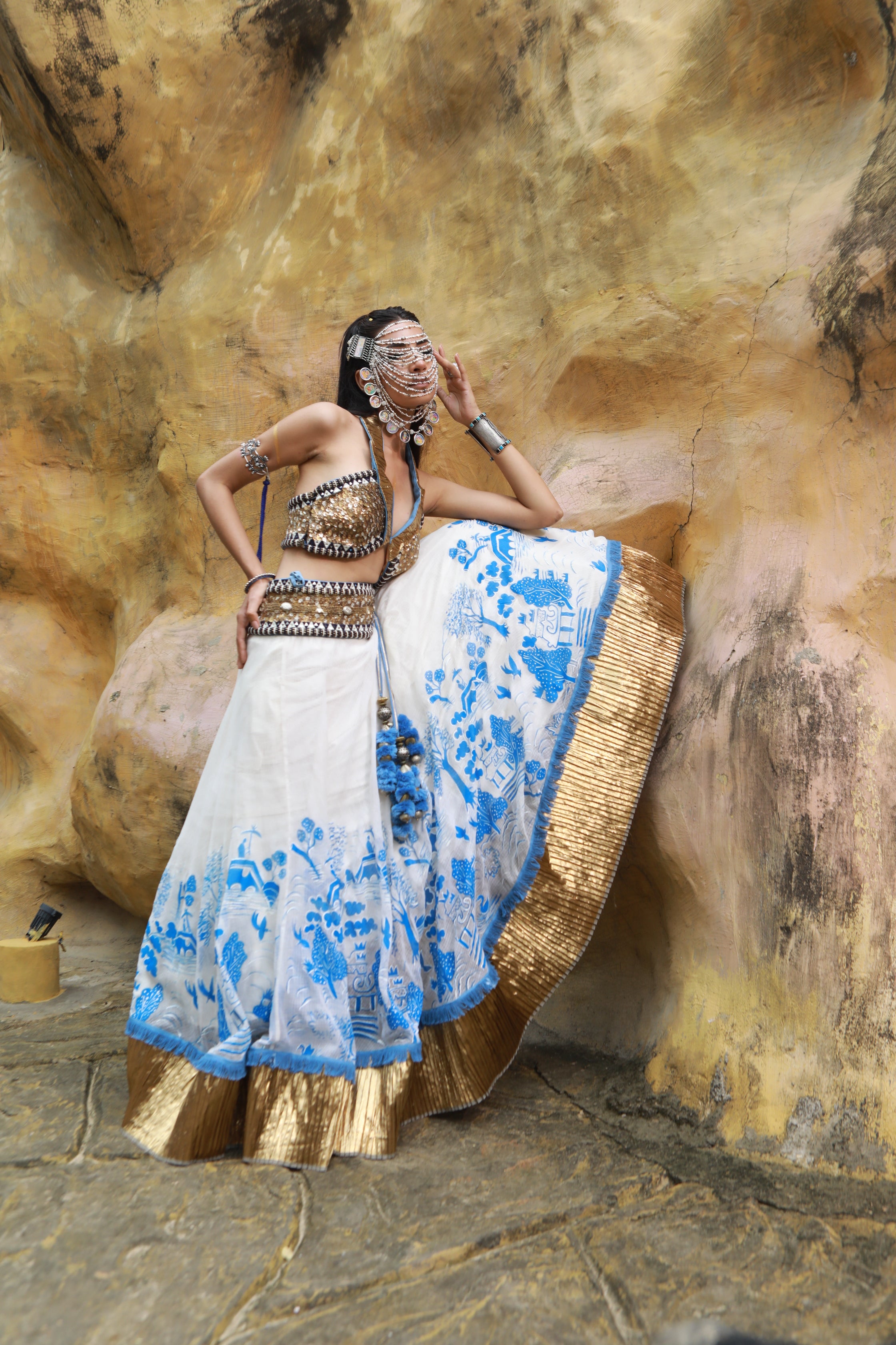 IVORY KOTA DORIA HAND PAINTED LEHANGA WITH EMBELLISHED COLLARED BLOUSE