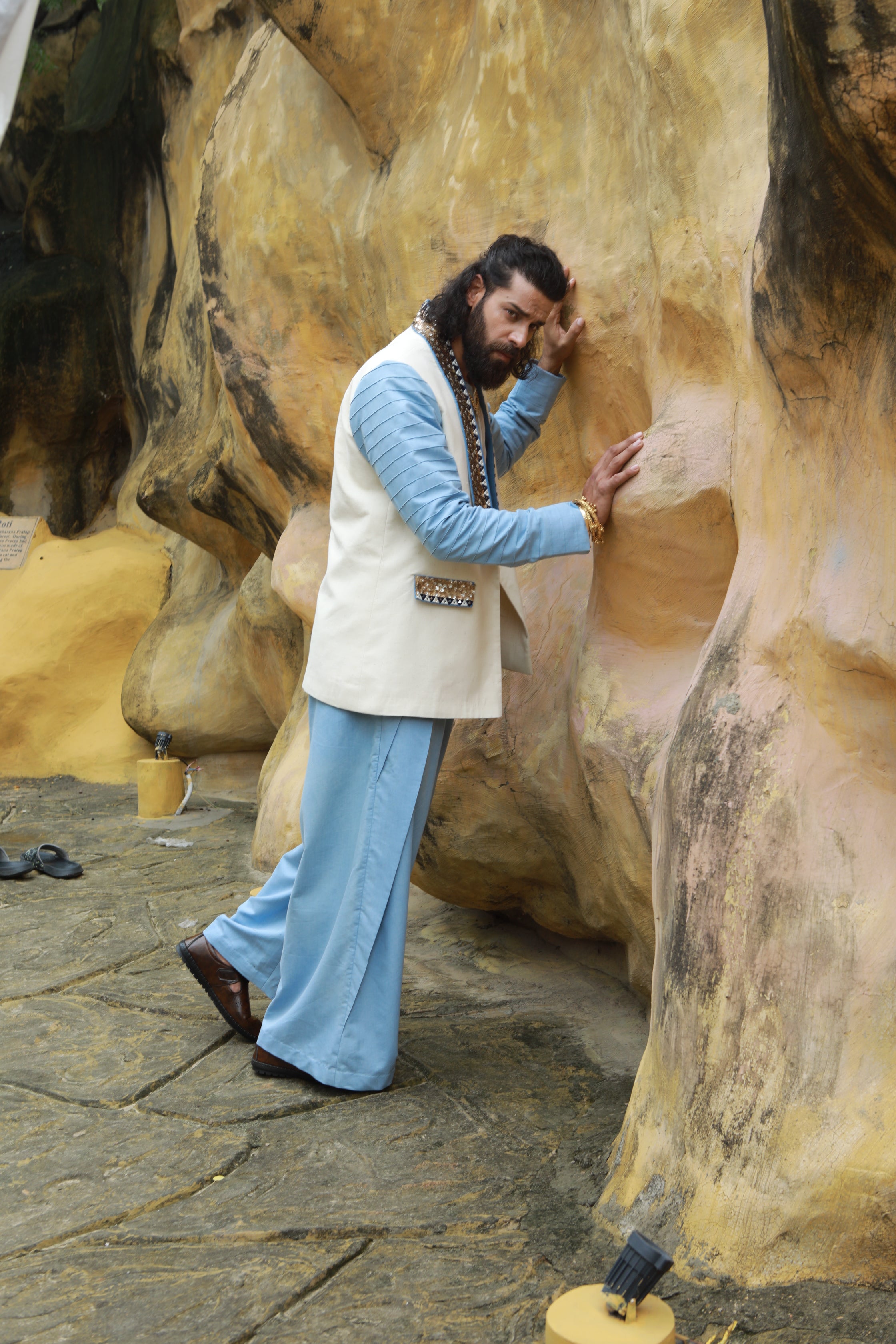 DEVI DRAPE MENS KHADI JACKET WITH SHEER SHIRT AND DENIM WIDE LEG PANTS