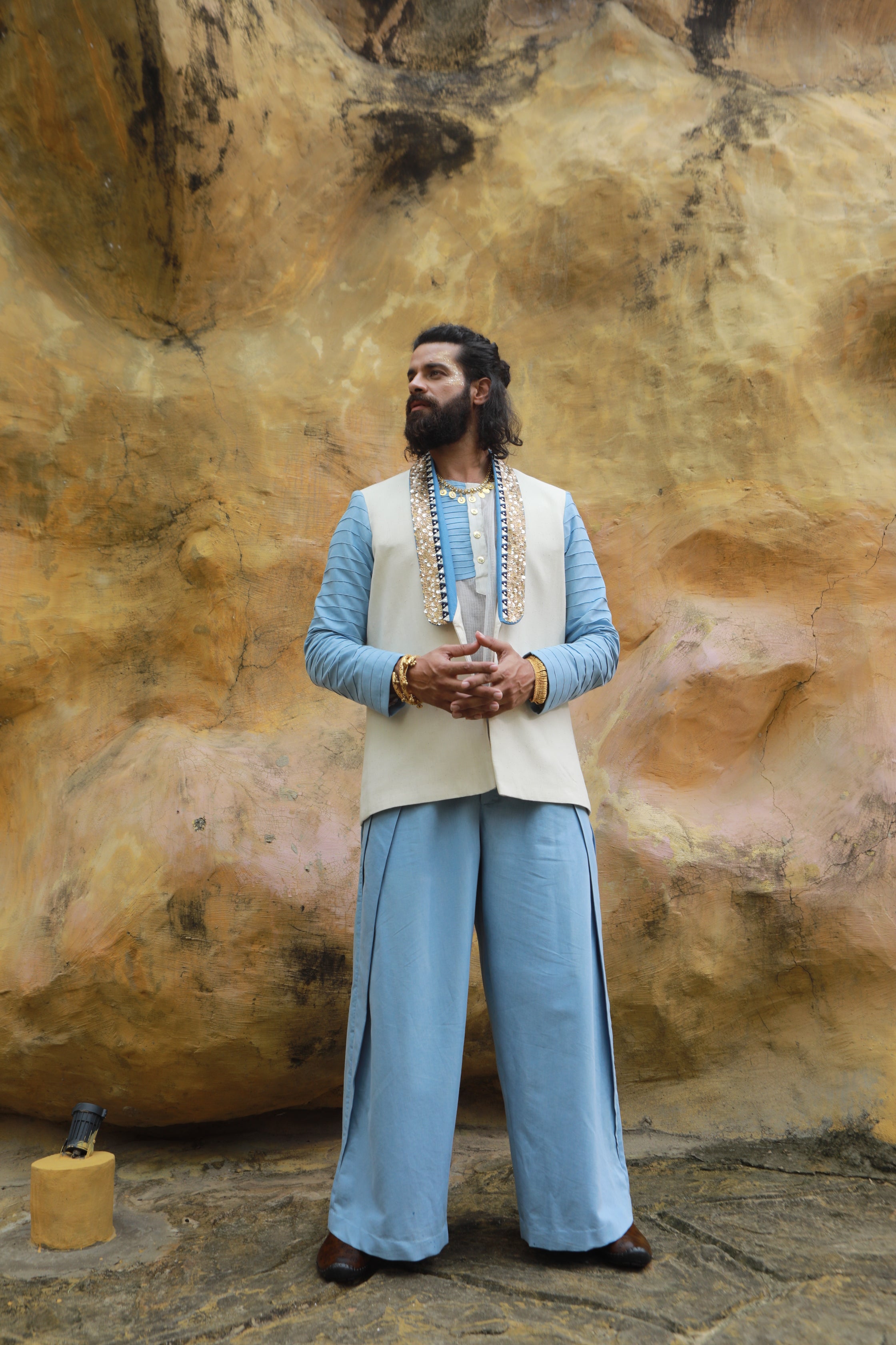 DEVI DRAPE MENS KHADI JACKET WITH SHEER SHIRT AND DENIM WIDE LEG PANTS