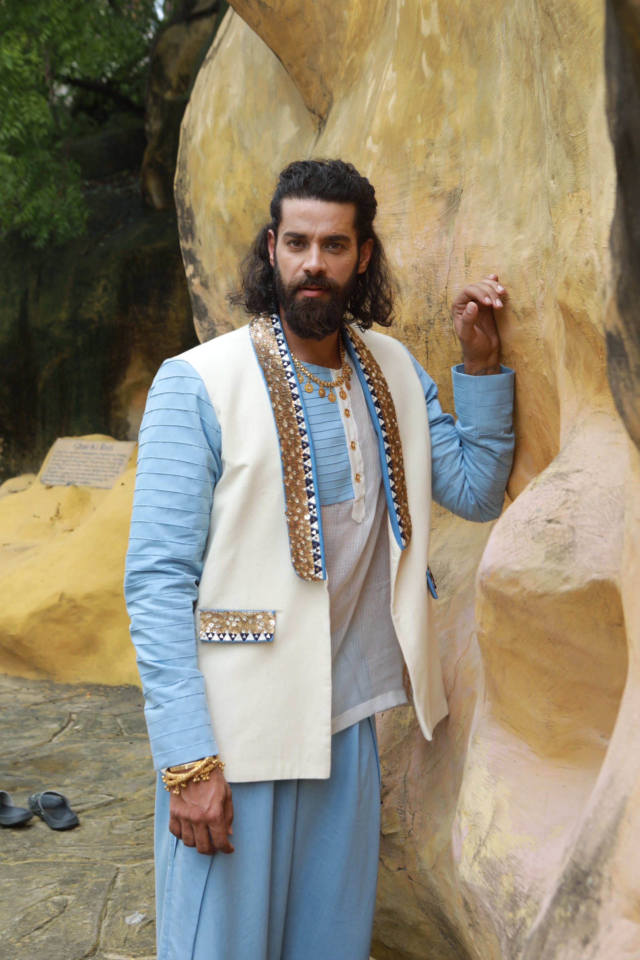 DEVI DRAPE MENS KHADI JACKET WITH SHEER SHIRT AND DENIM WIDE LEG PANTS