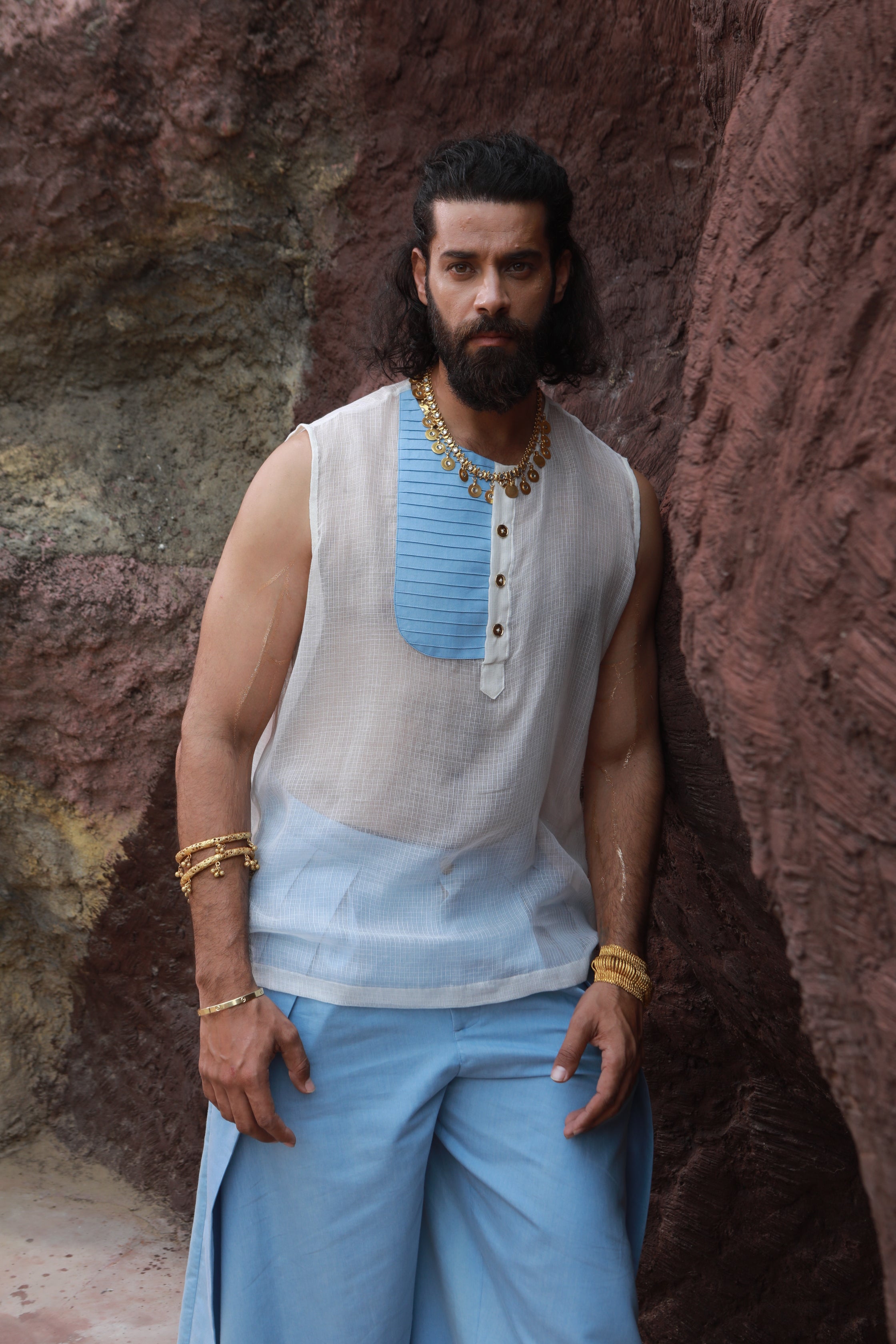 DEVI DRAPE MENS KHADI JACKET WITH SHEER SHIRT AND DENIM WIDE LEG PANTS
