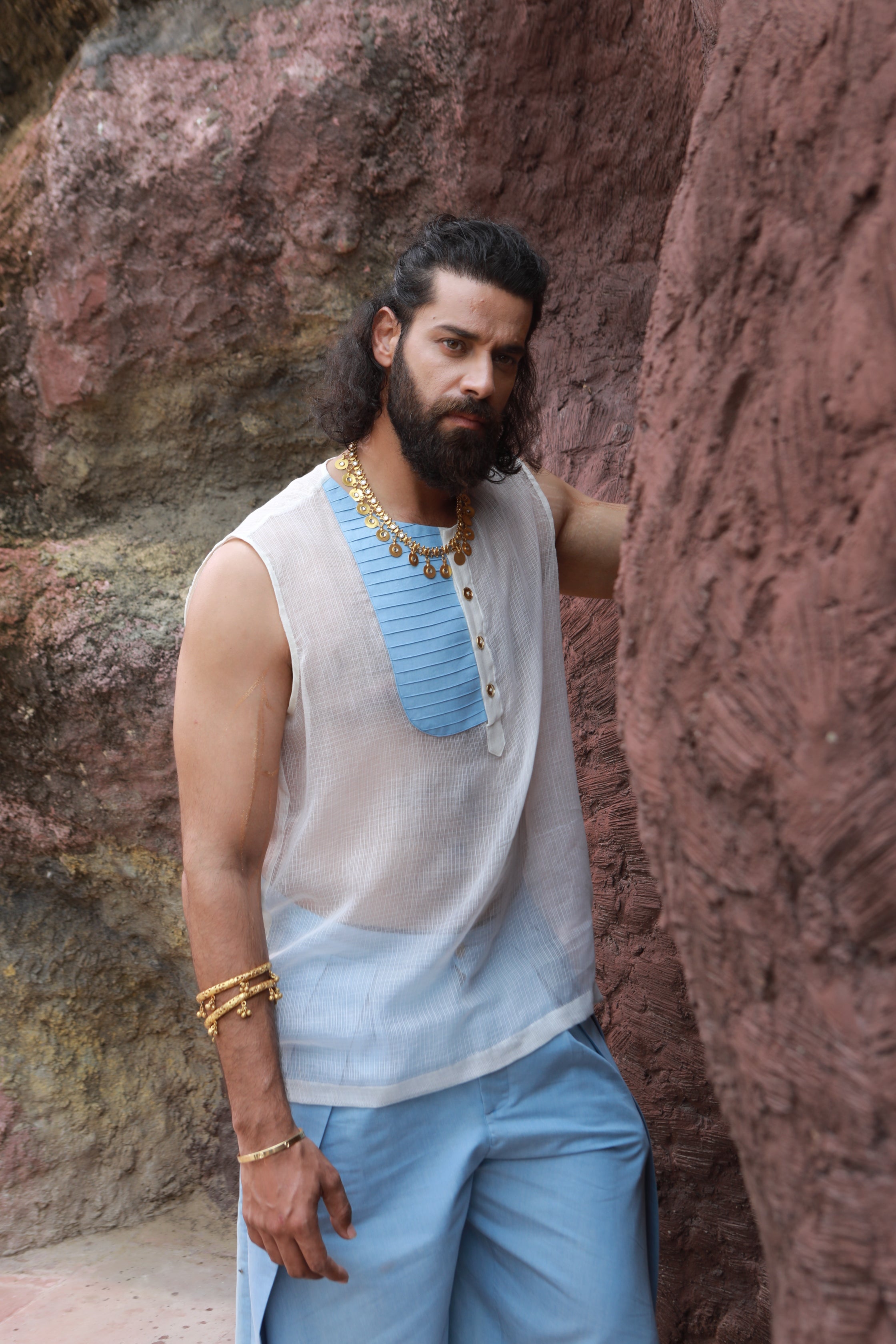 DEVI DRAPE MENS KHADI JACKET WITH SHEER SHIRT AND DENIM WIDE LEG PANTS