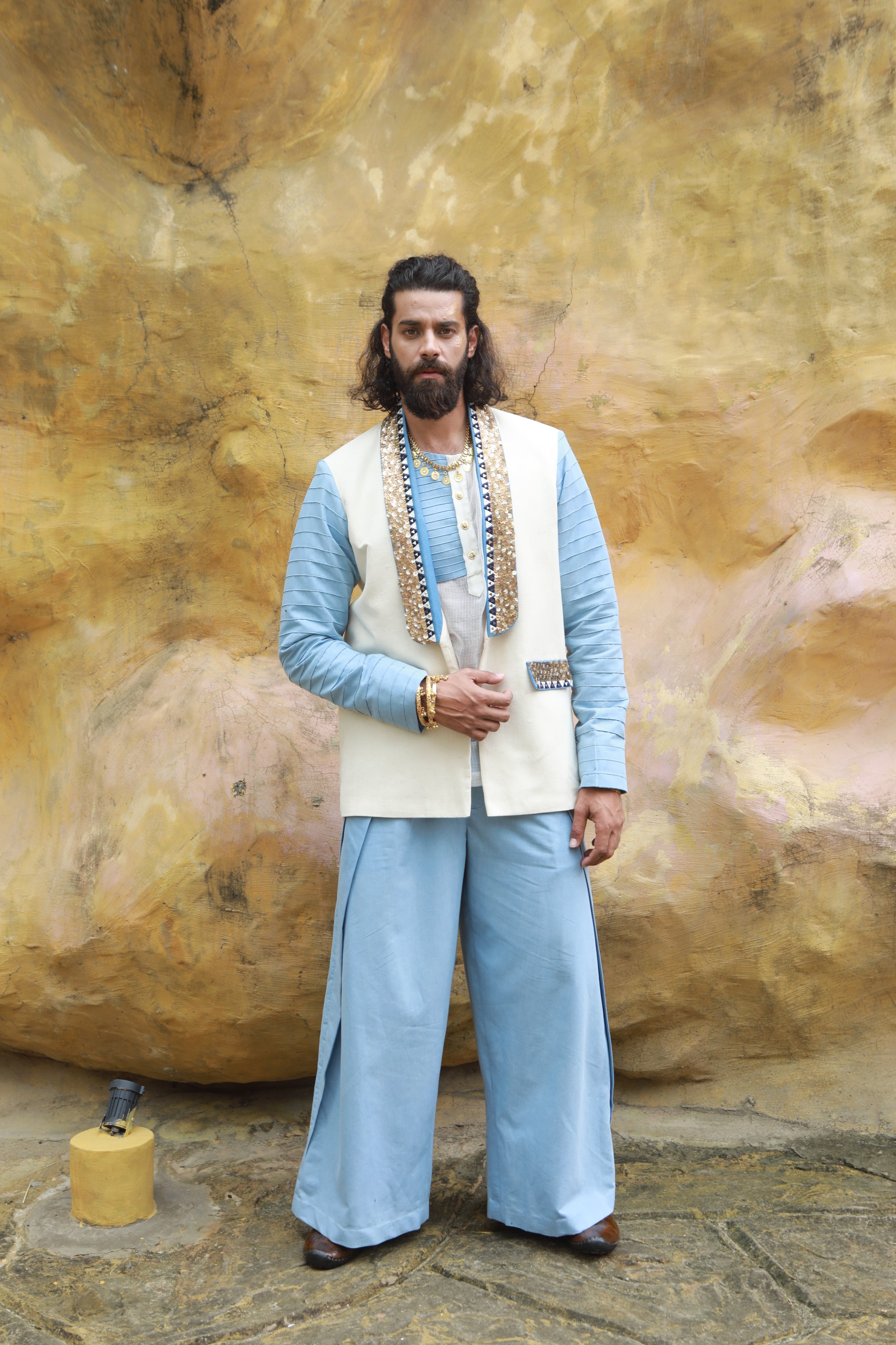 DEVI DRAPE MENS KHADI JACKET WITH SHEER SHIRT AND DENIM WIDE LEG PANTS