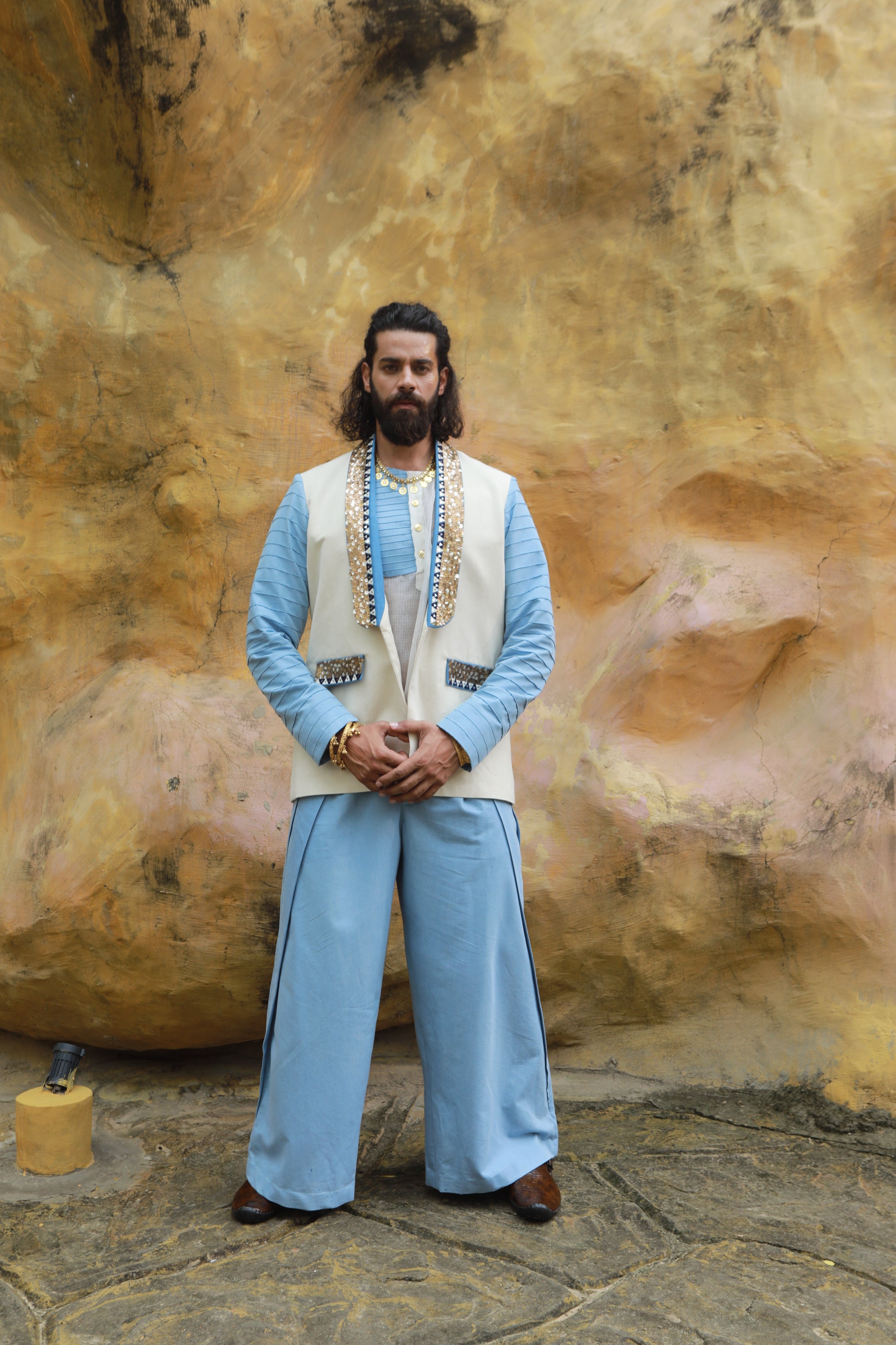 DEVI DRAPE MENS KHADI JACKET WITH SHEER SHIRT AND DENIM WIDE LEG PANTS