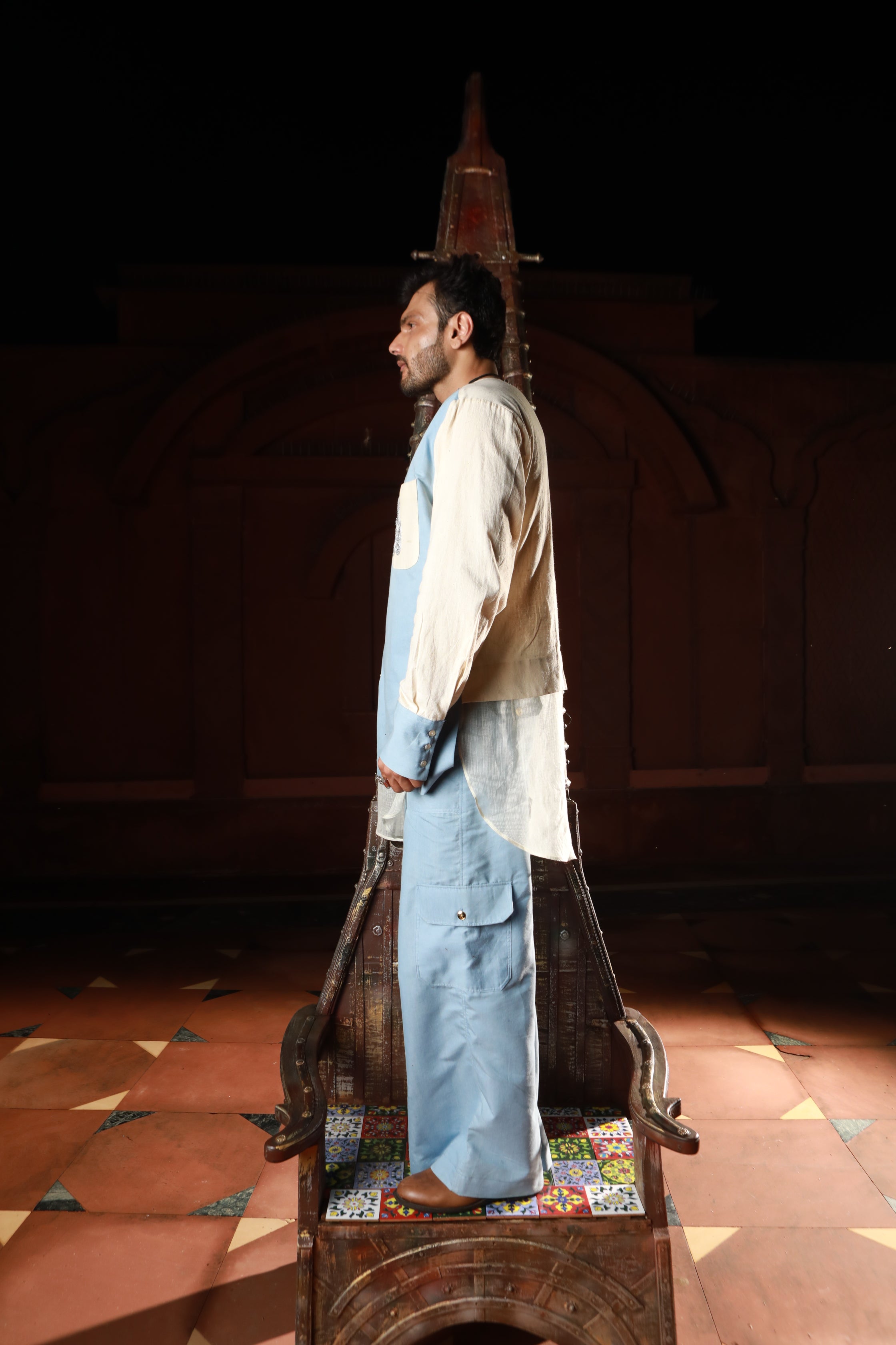 DEVI DRAPE KHADI AND DENIM PANELLED KURTA WITH DENIM PANTS