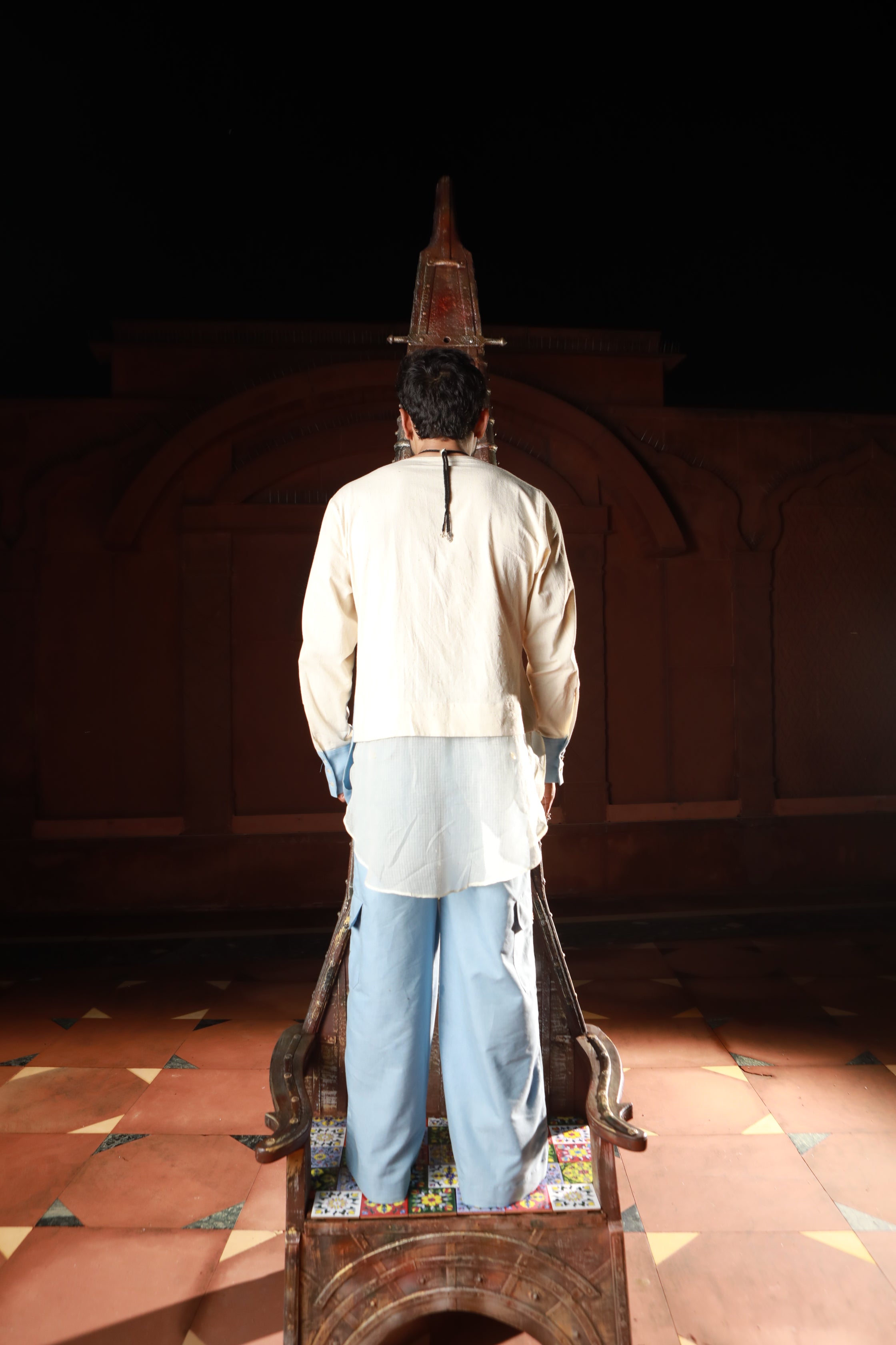 DEVI DRAPE KHADI AND DENIM PANELLED KURTA WITH DENIM PANTS