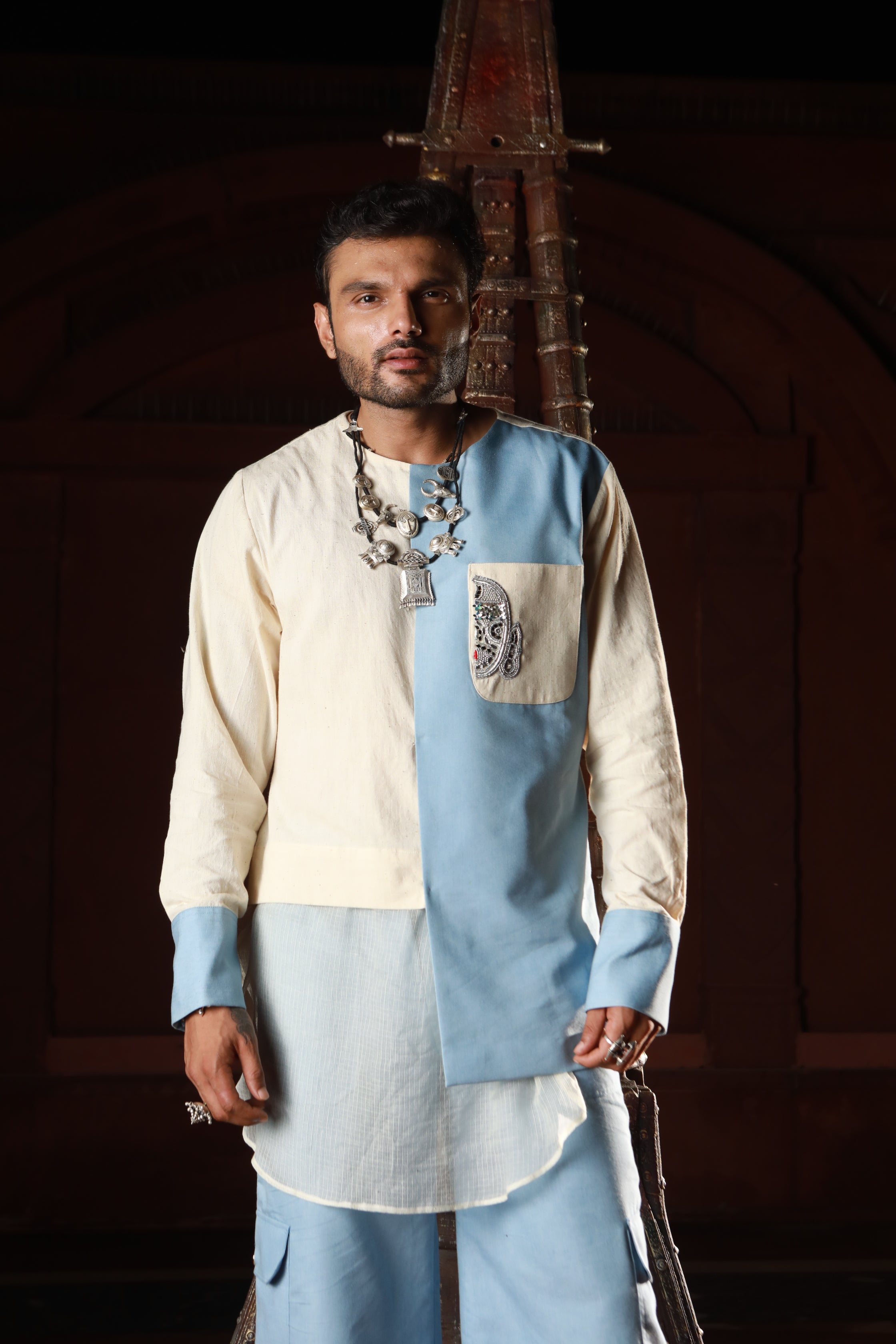DEVI DRAPE KHADI AND DENIM PANELLED KURTA WITH DENIM PANTS