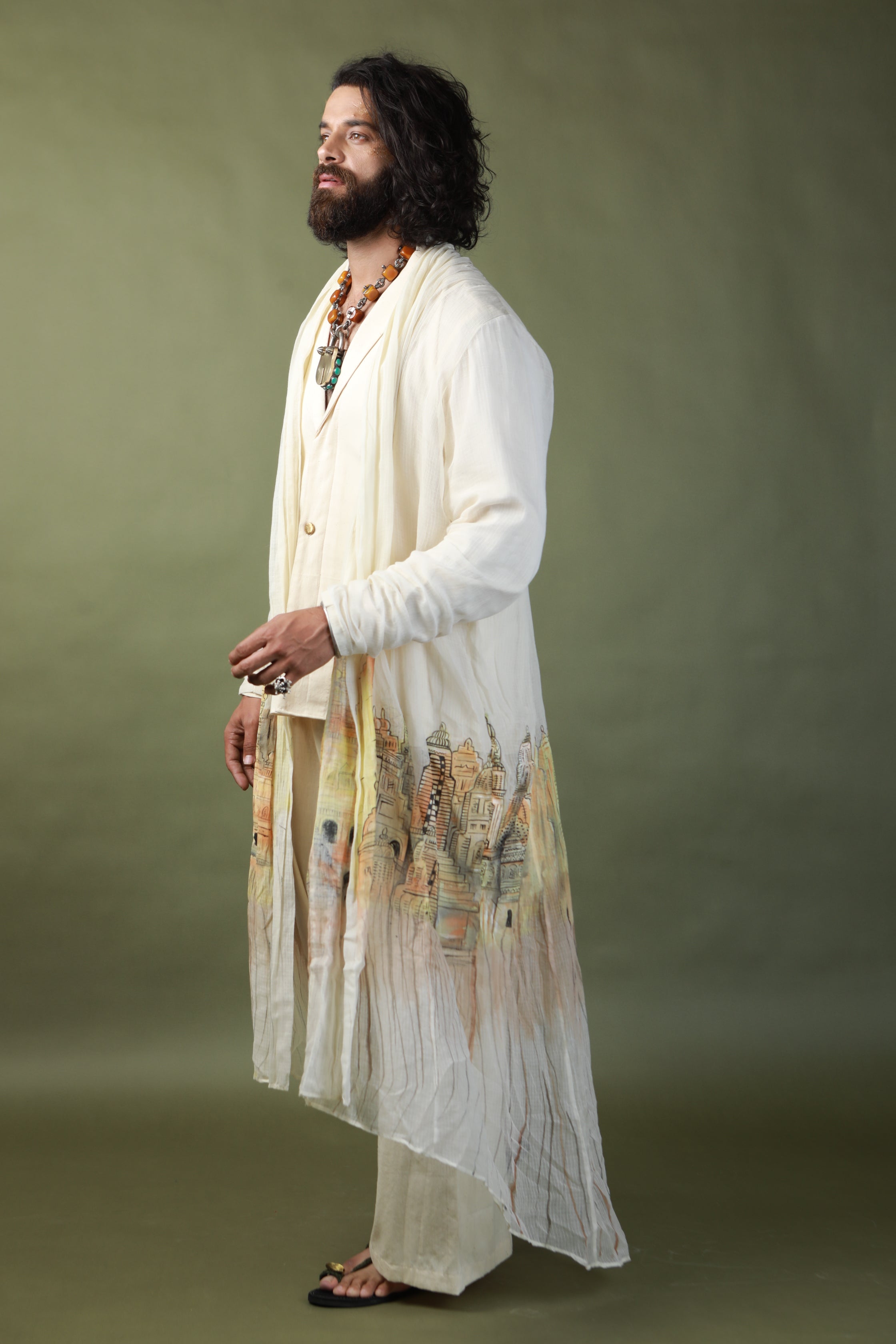 DEVI DRAPE MENS KOTA DORIA HAND PAINTED SHRUG WITH KHADI SHORT KURTA AND PANTS