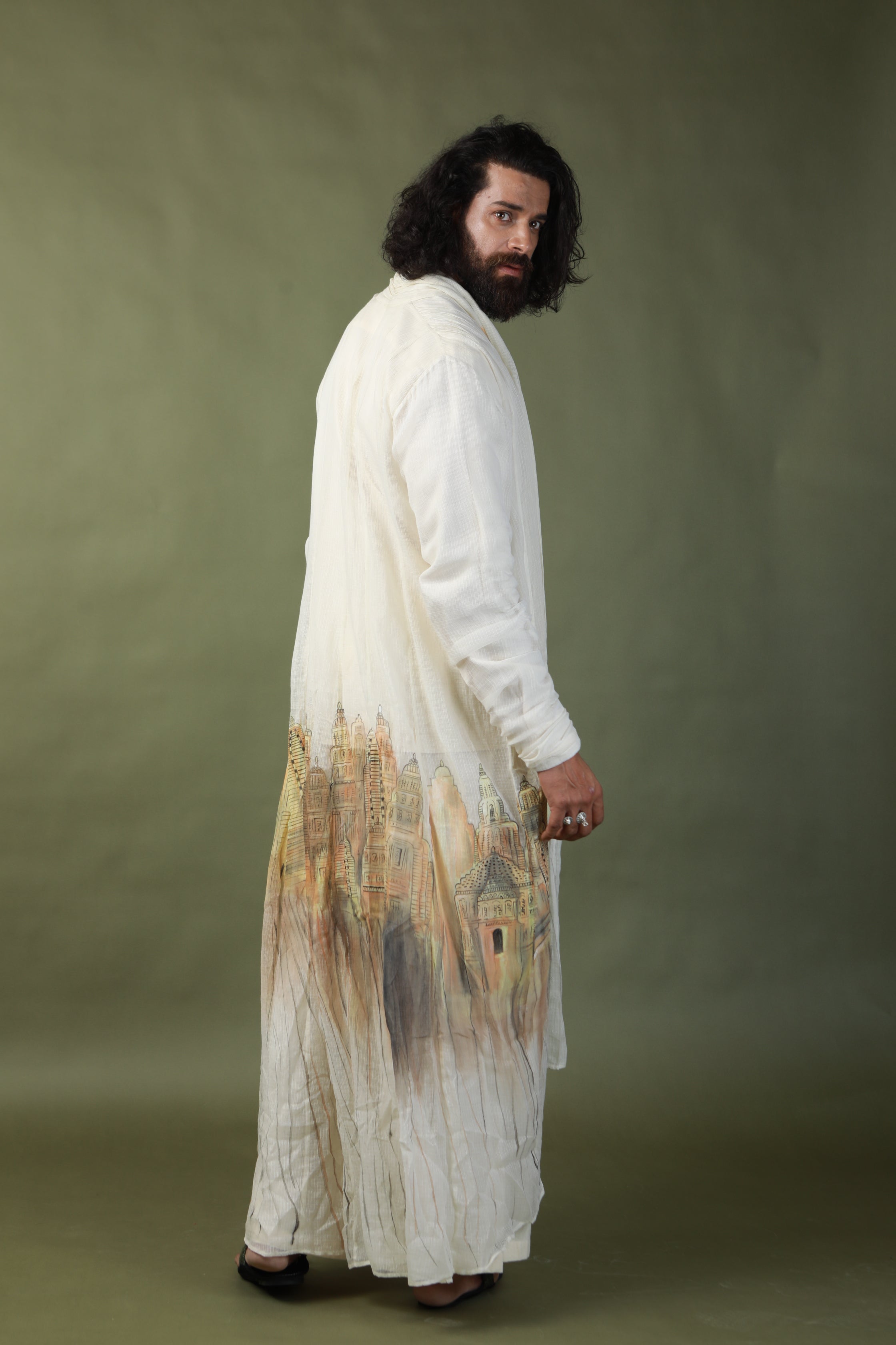 DEVI DRAPE MENS KOTA DORIA HAND PAINTED SHRUG WITH KHADI SHORT KURTA AND PANTS