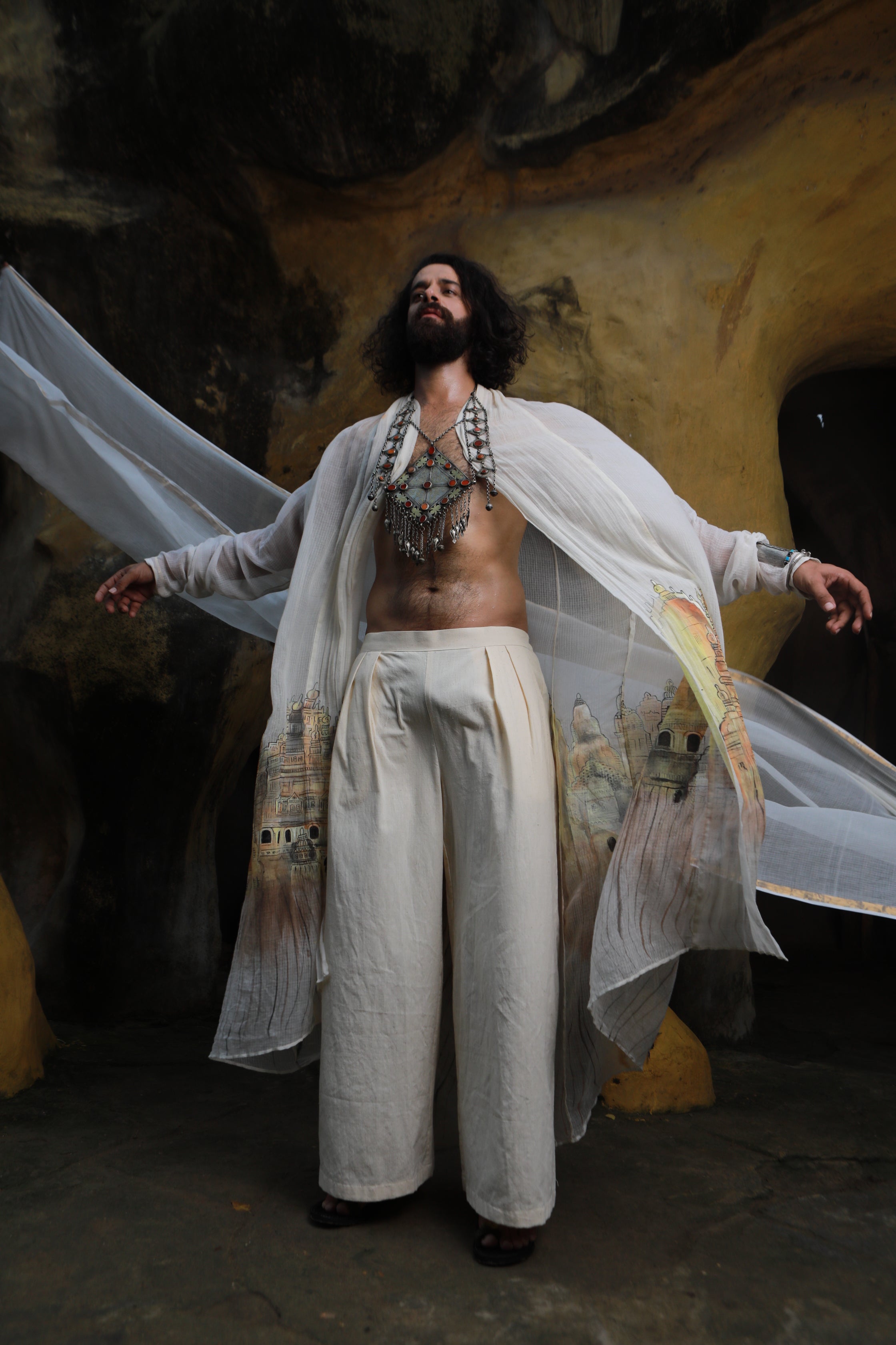 DEVI DRAPE MENS KOTA DORIA HAND PAINTED SHRUG WITH KHADI SHORT KURTA AND PANTS