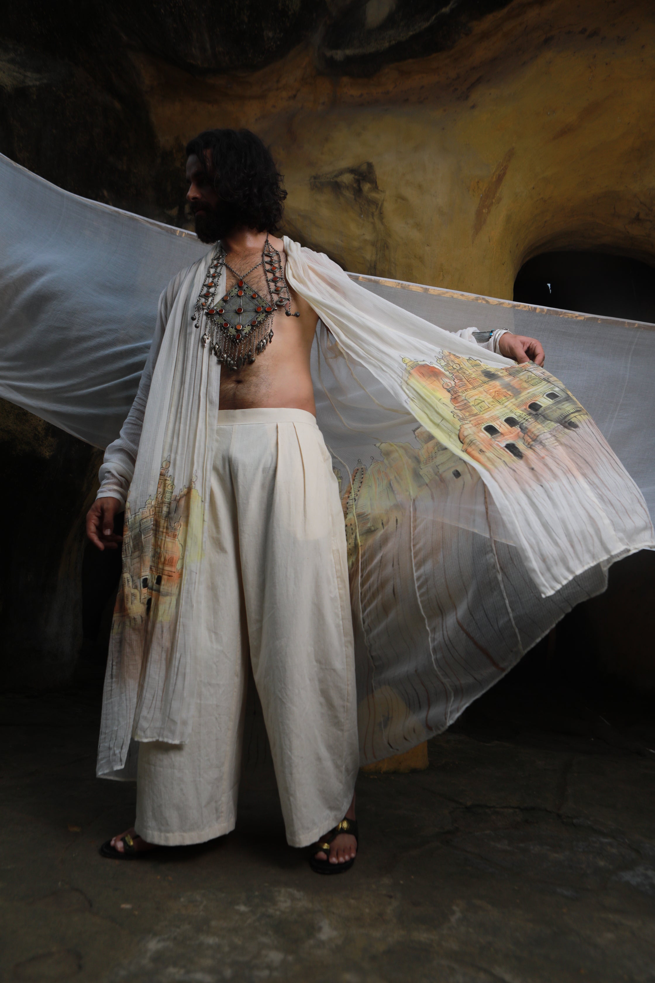 DEVI DRAPE MENS KOTA DORIA HAND PAINTED SHRUG WITH KHADI SHORT KURTA AND PANTS