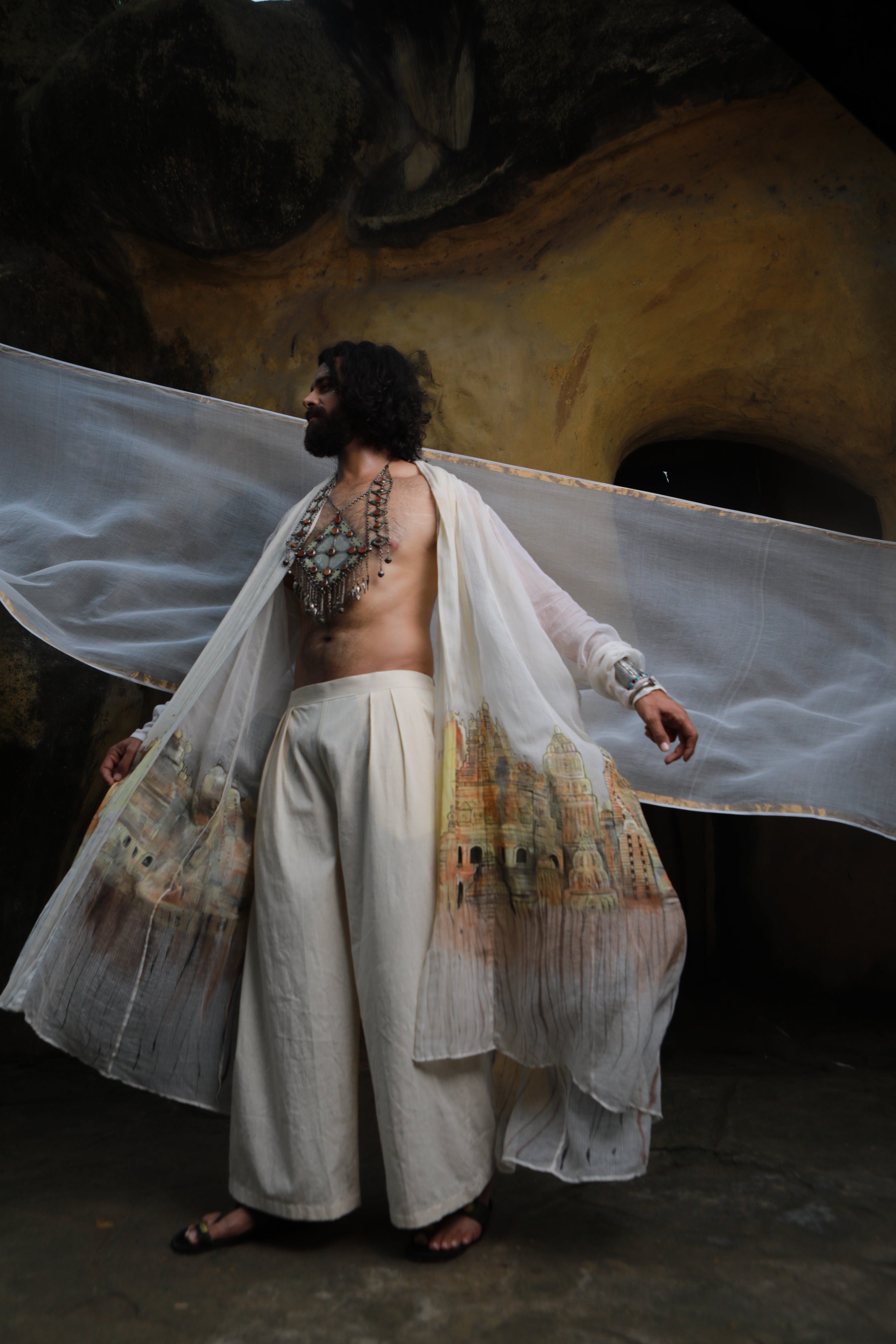 DEVI DRAPE MENS KOTA DORIA HAND PAINTED SHRUG WITH KHADI SHORT KURTA AND PANTS