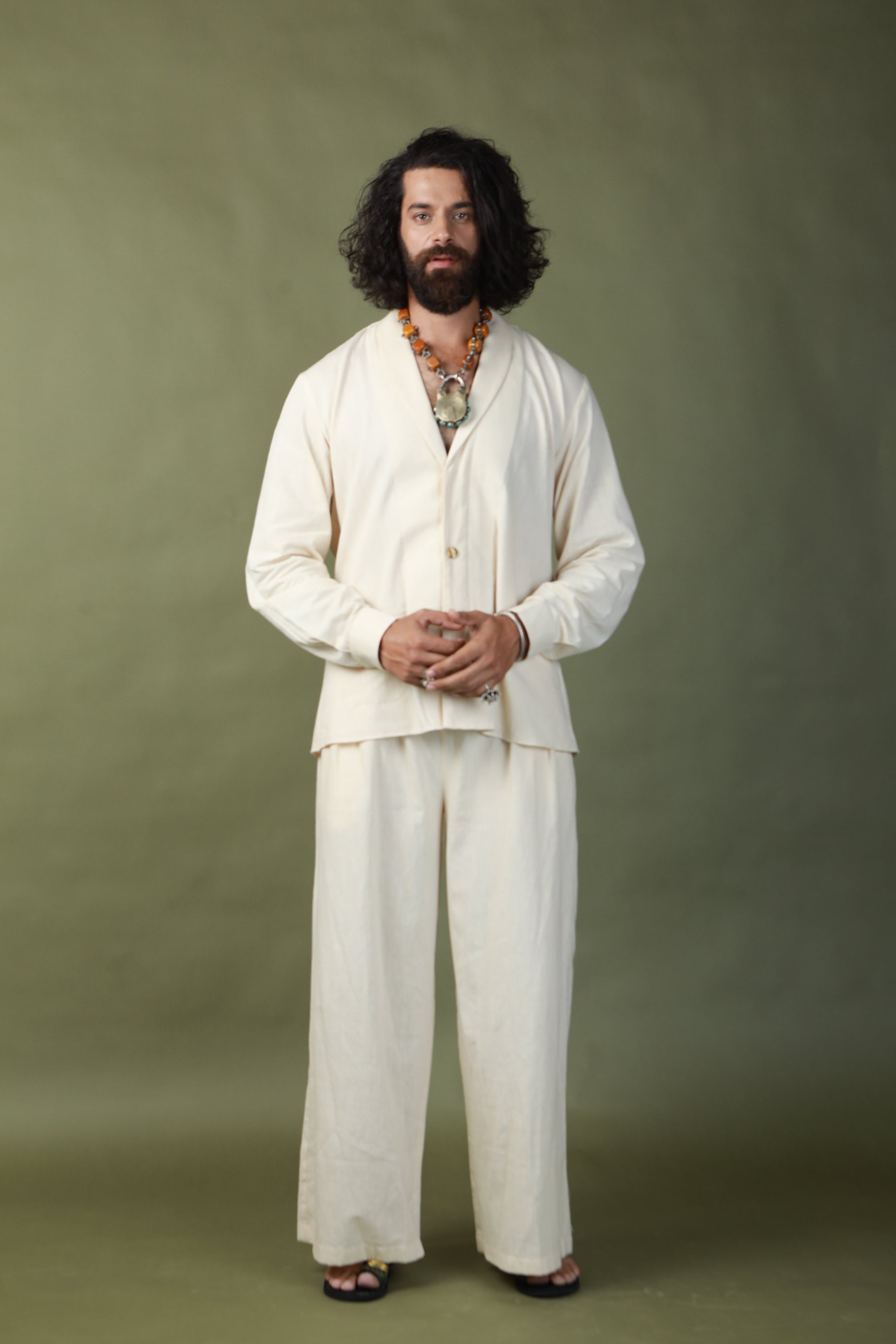 DEVI DRAPE MENS KOTA DORIA HAND PAINTED SHRUG WITH KHADI SHORT KURTA AND PANTS