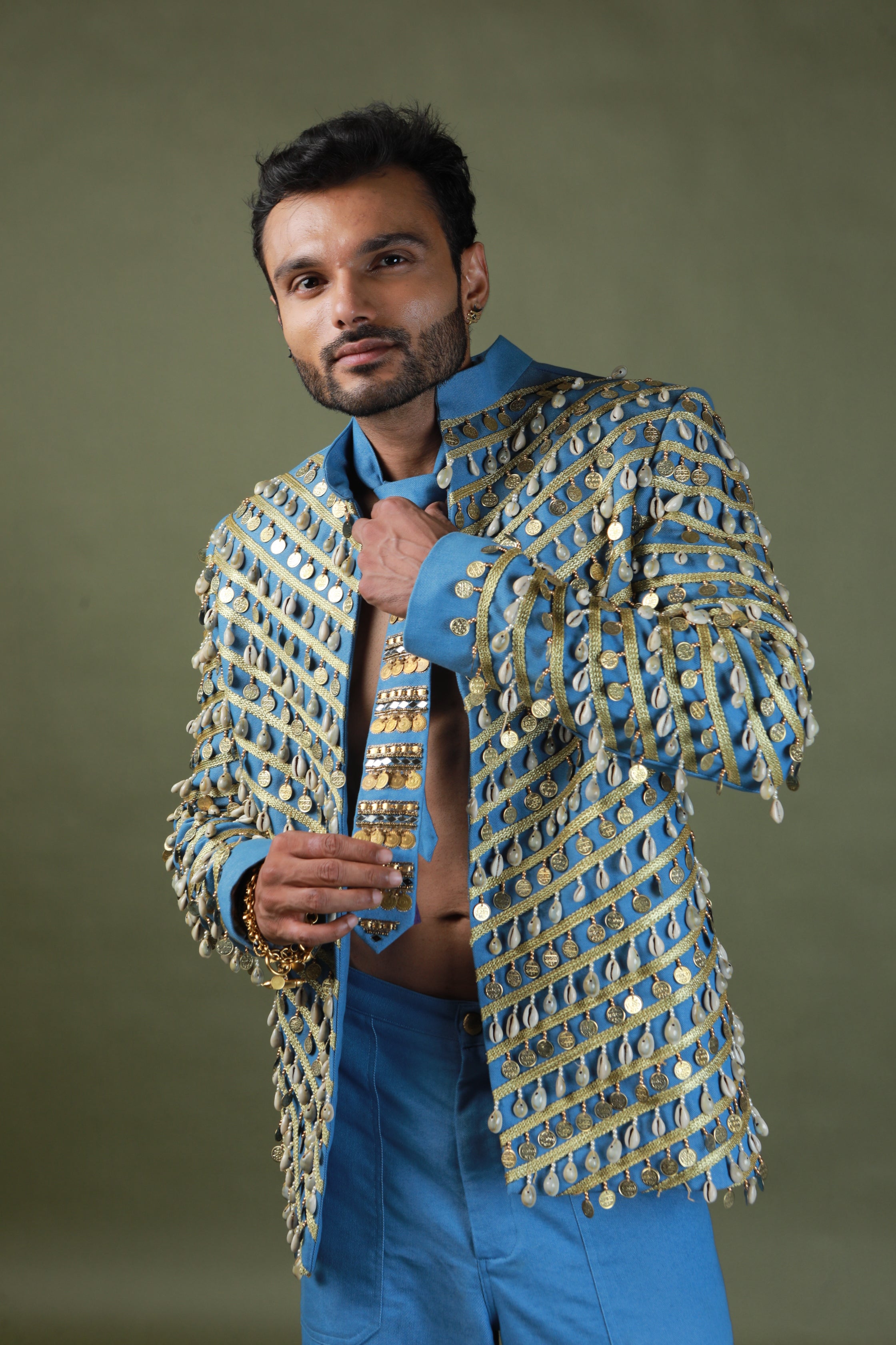 DEVI DRAPE DENIM BLAZER  EMBELLISHED WITH  COIN AND KODI AND EMBELLISHED TIE WITH DENIM CARGO PANTS