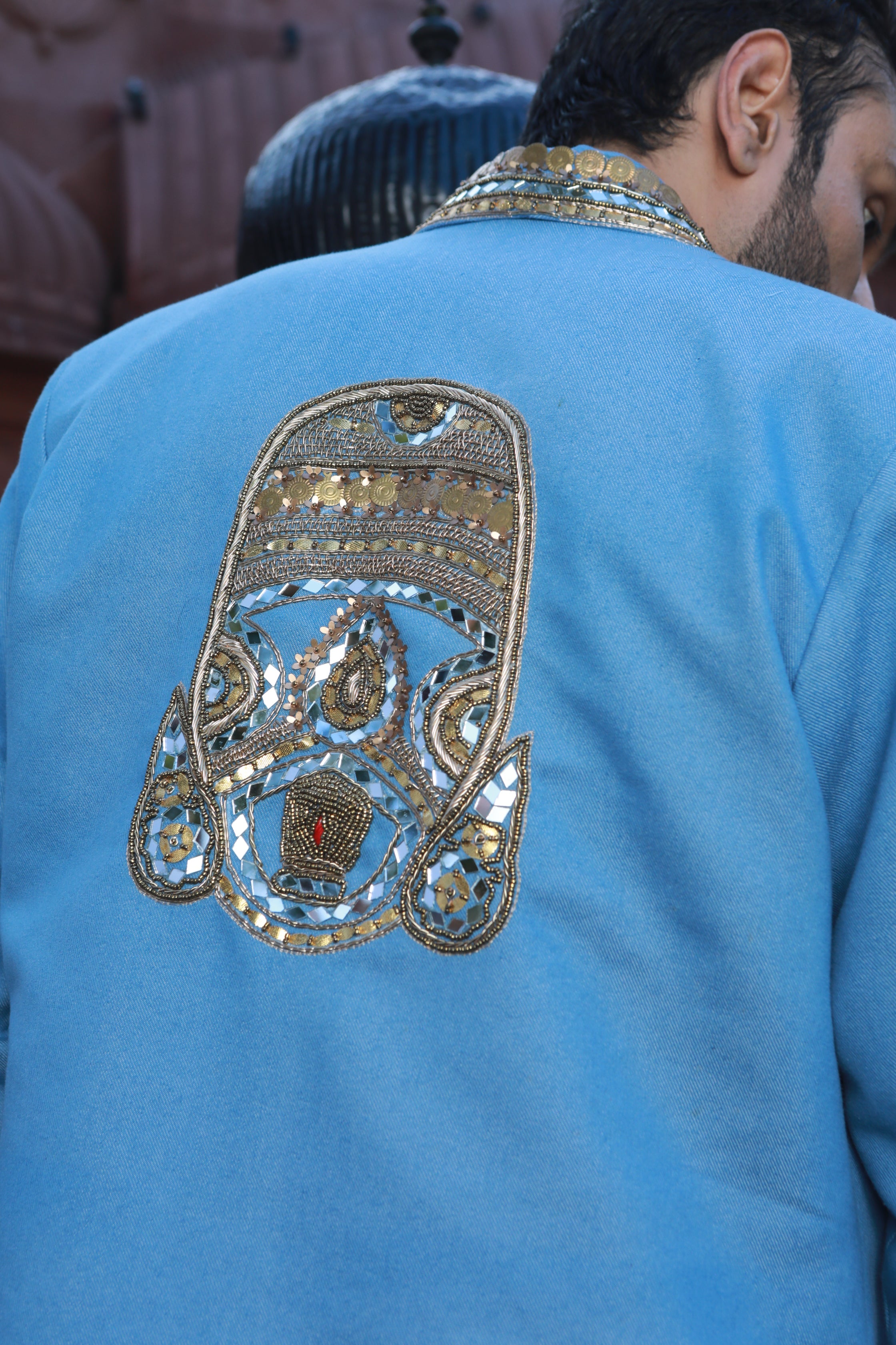 DEVI DRAPE DENIM BLAZER AND KOTA DORIA SHIRT AND DENIM PANTS