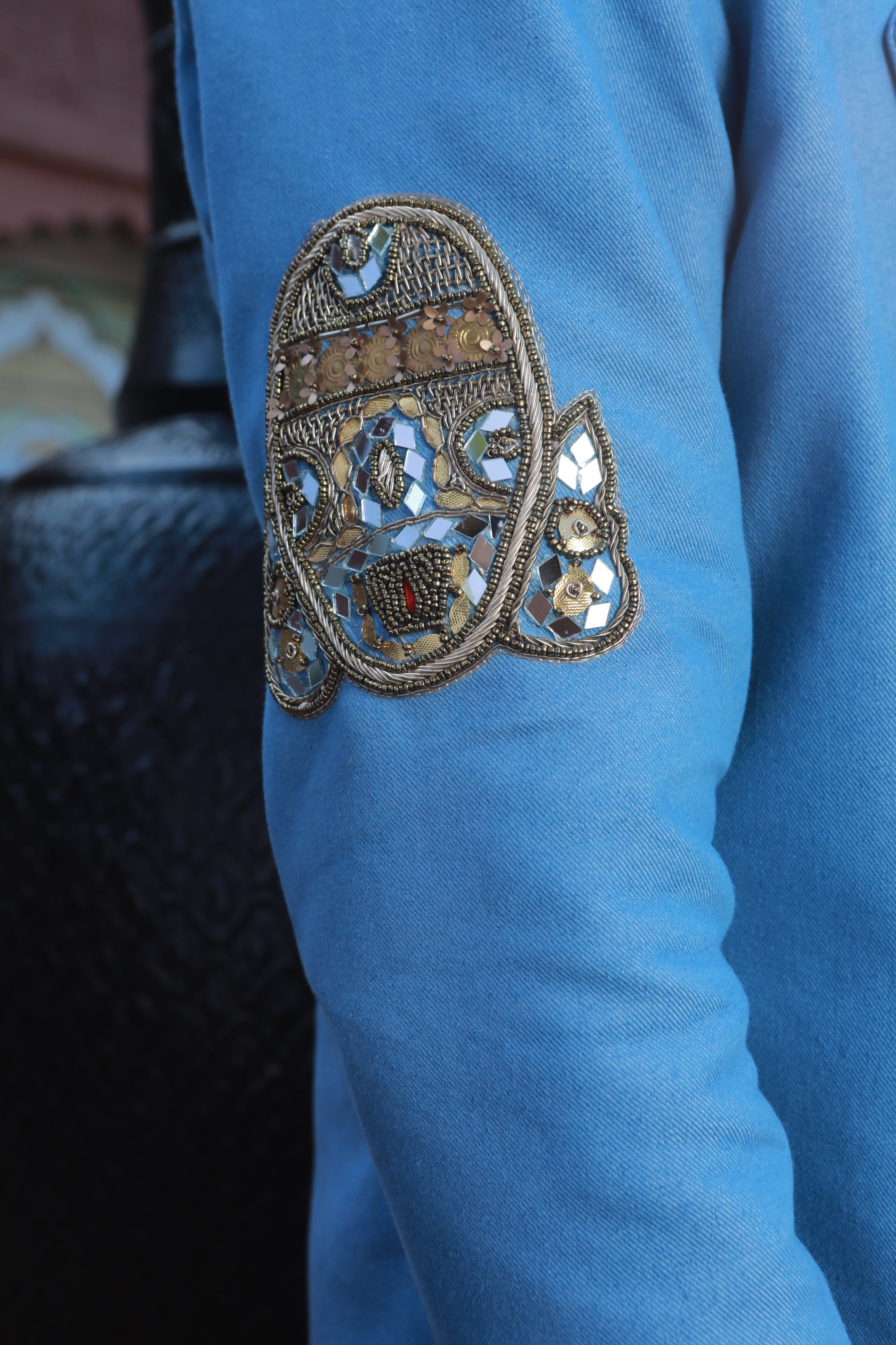 DEVI DRAPE DENIM BLAZER AND KOTA DORIA SHIRT AND DENIM PANTS