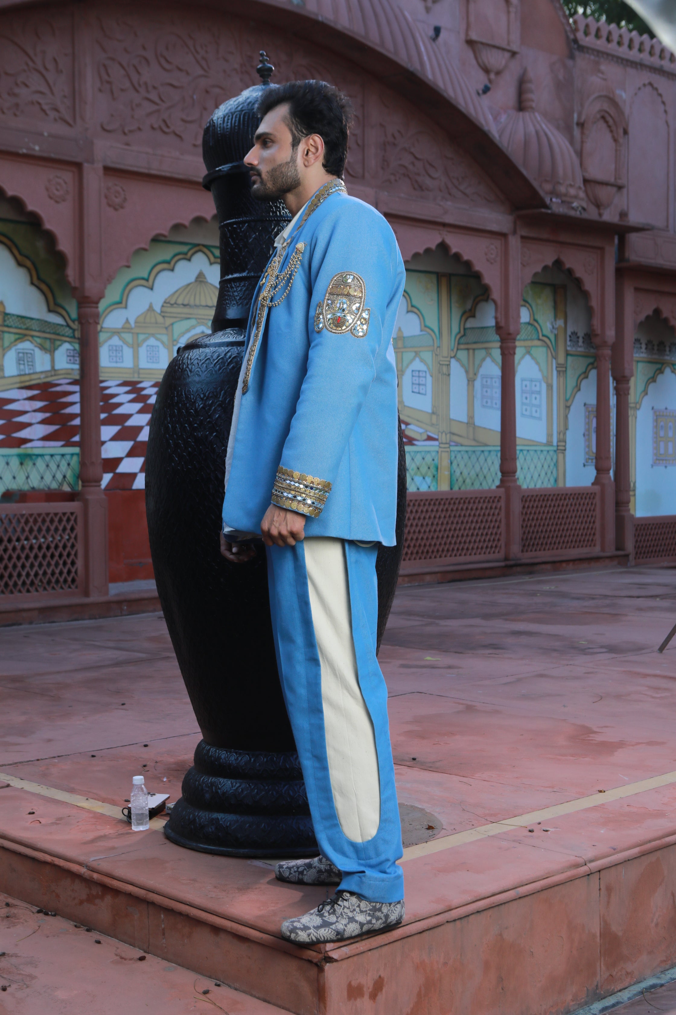 DEVI DRAPE DENIM BLAZER AND KOTA DORIA SHIRT AND DENIM PANTS