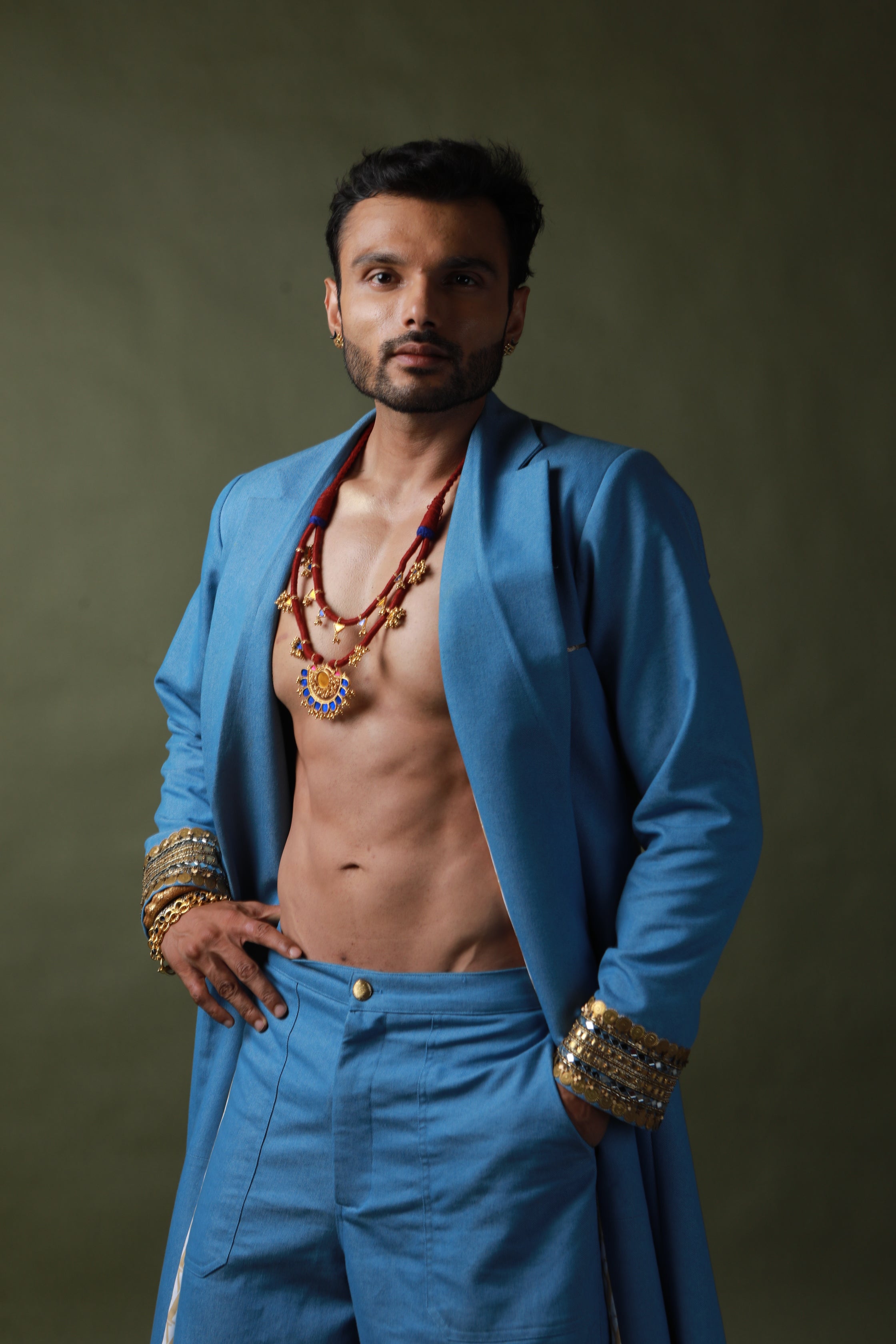 DEVI DRAPE DENIM TRENCH COAT WITH DENIM CARGO PANTS