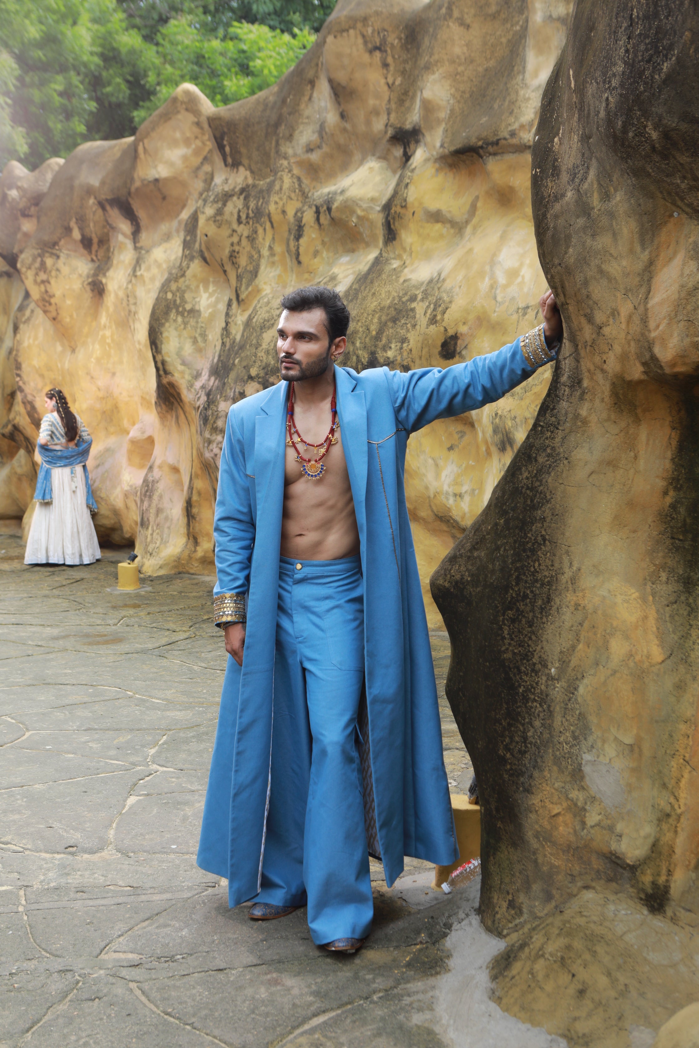 DEVI DRAPE DENIM TRENCH COAT WITH DENIM CARGO PANTS