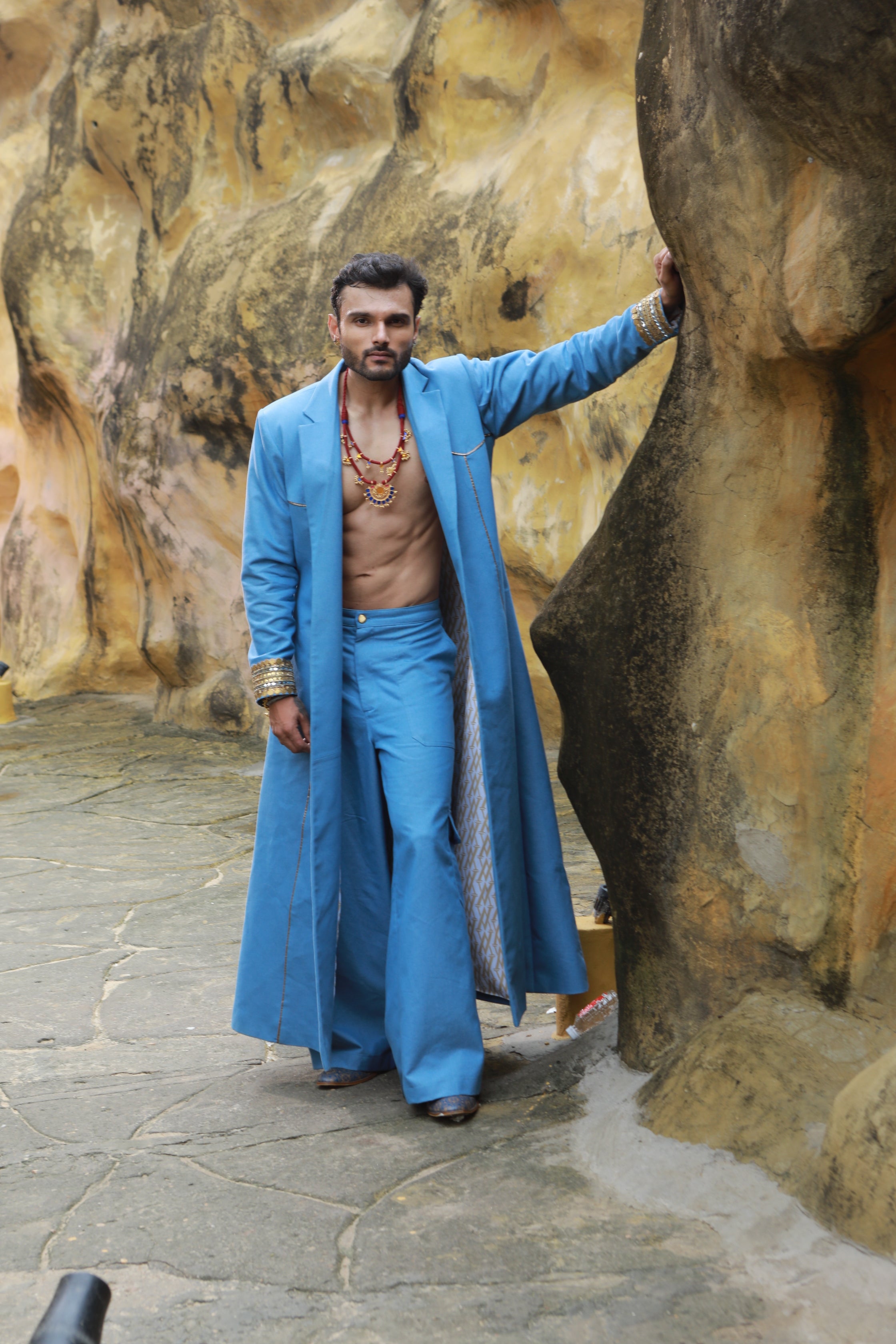 DEVI DRAPE DENIM TRENCH COAT WITH DENIM CARGO PANTS