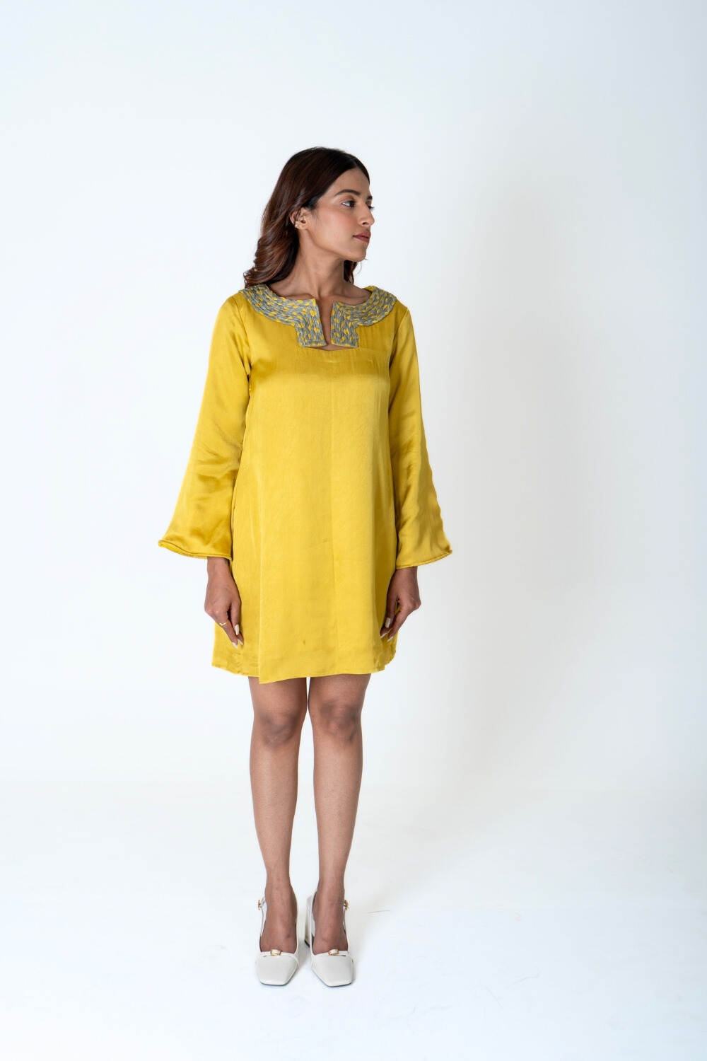 Yellow-Green Braided Collar Short Dress
