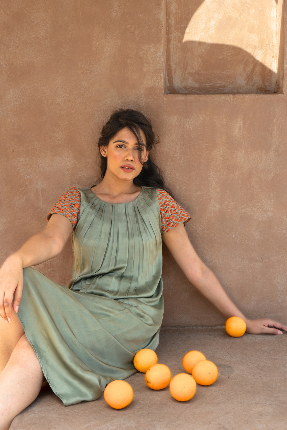 Green-Orange Braided Sleeve Midi Dress
