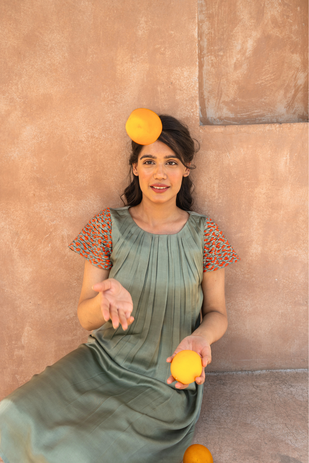 Green-Orange Braided Sleeve Midi Dress