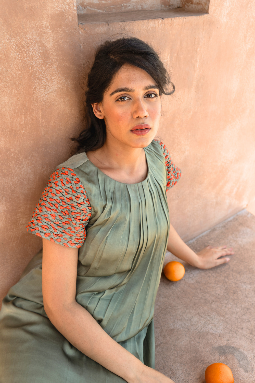 Green-Orange Braided Sleeve Midi Dress