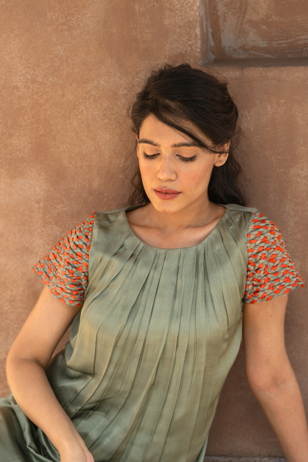 Green-Orange Braided Sleeve Midi Dress