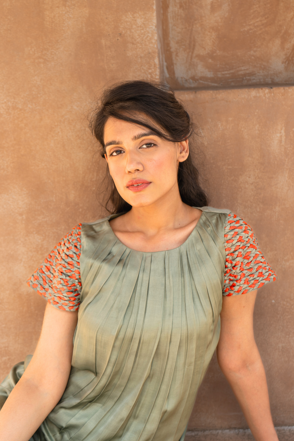 Green-Orange Braided Sleeve Midi Dress
