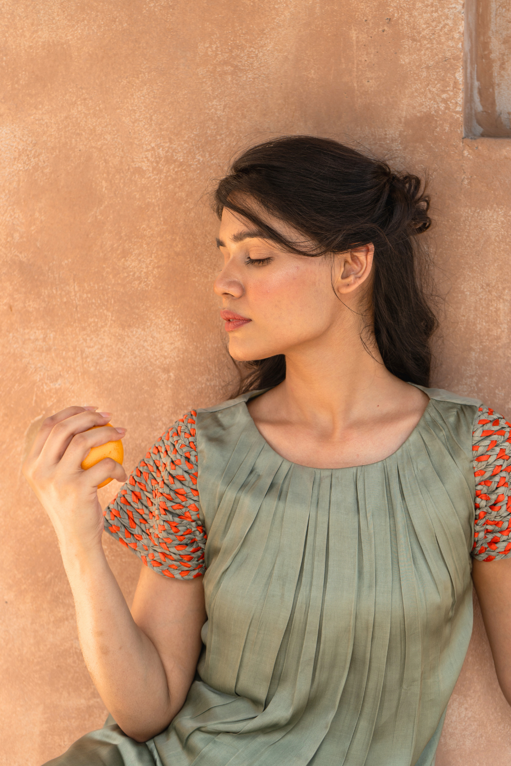 Green-Orange Braided Sleeve Midi Dress
