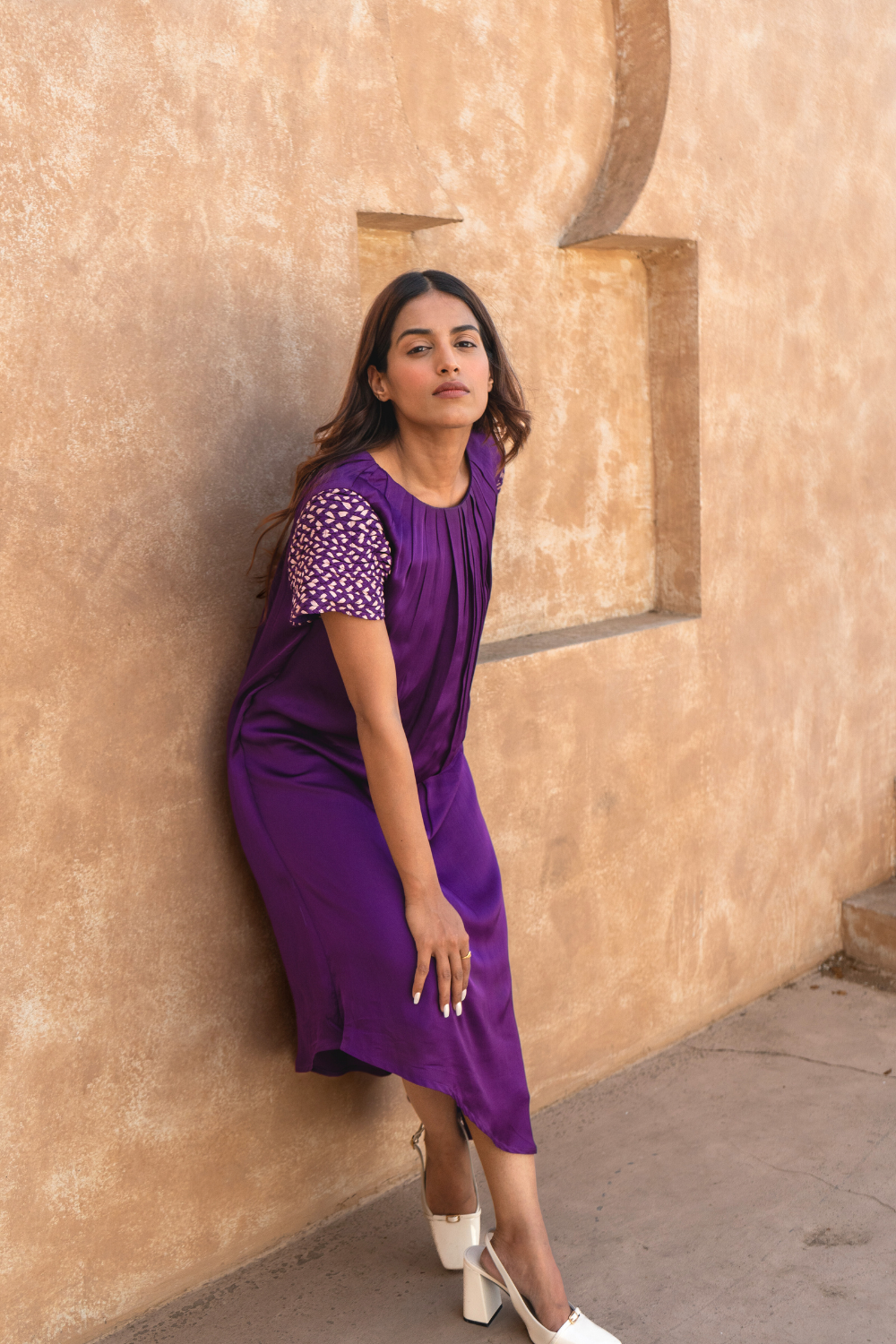 Purple-Pink Braided Sleeve Midi Dress