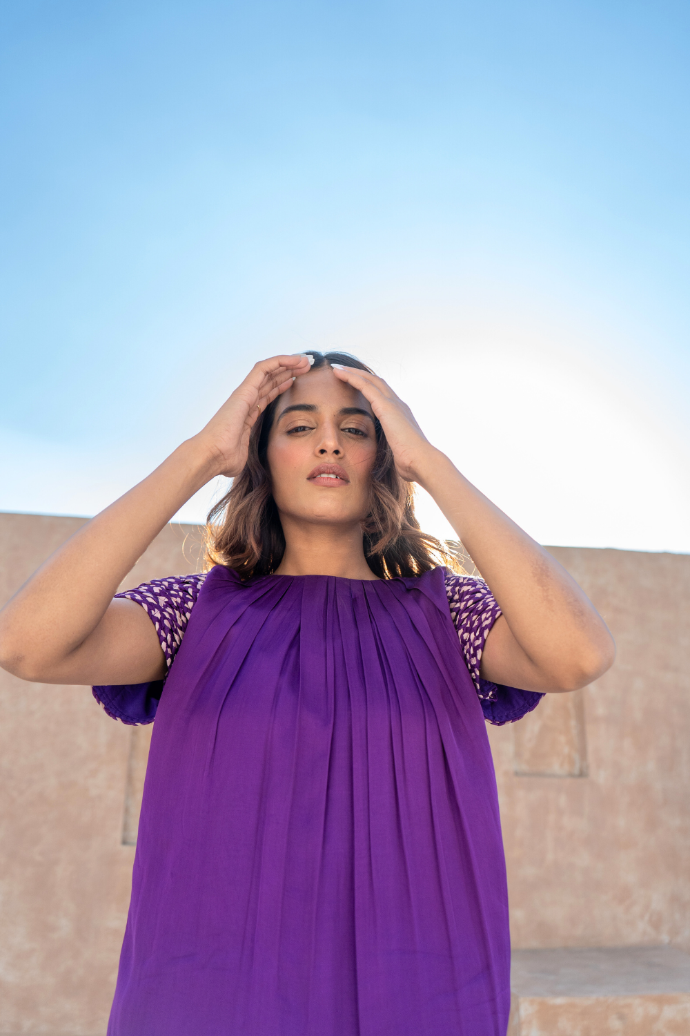 Purple-Pink Braided Sleeve Midi Dress