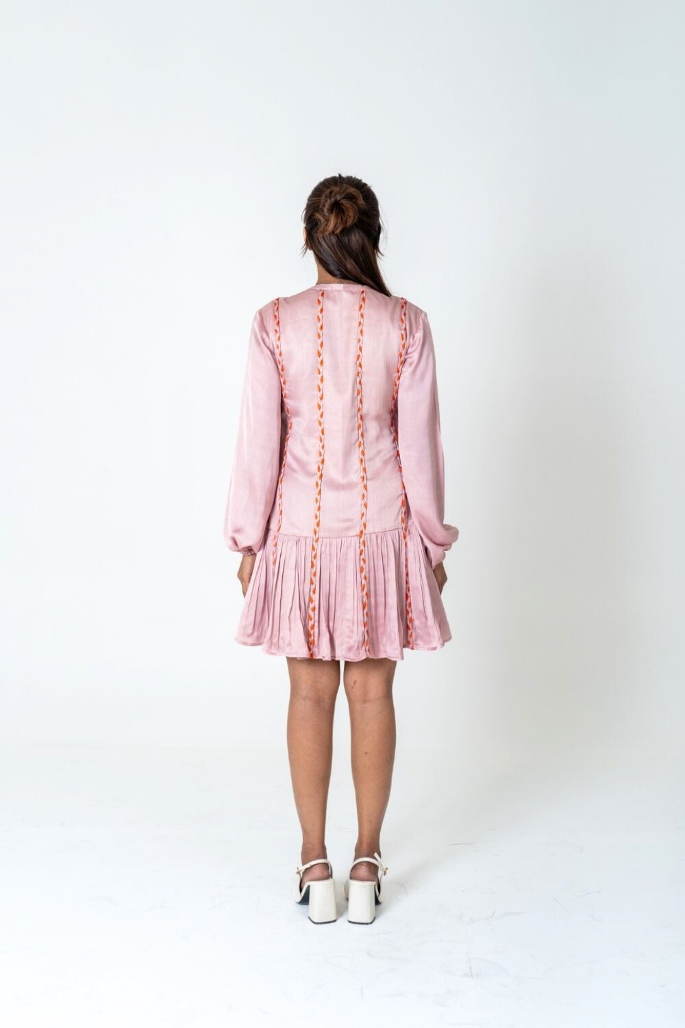 Pink-Orange Braided Short Gather Dress