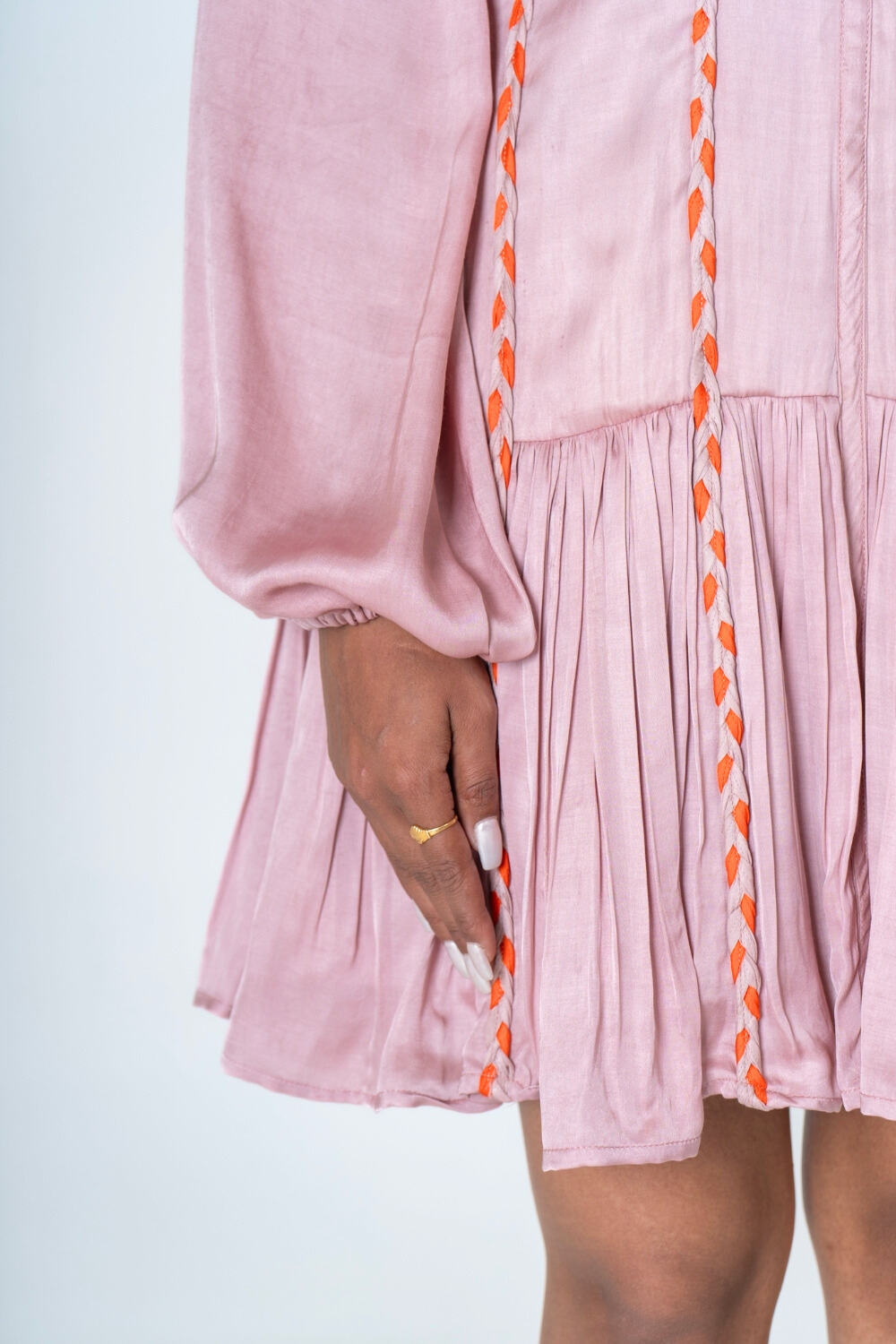 Pink-Orange Braided Short Gather Dress