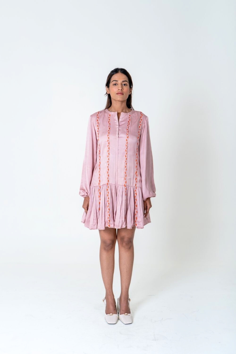 Pink-Orange Braided Short Gather Dress
