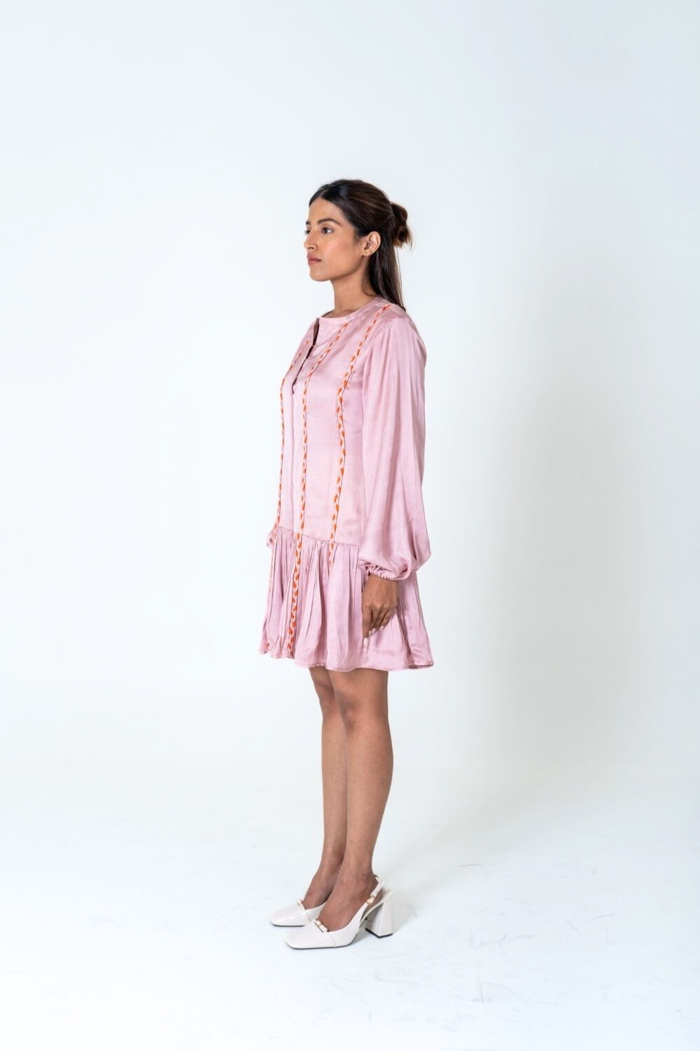 Pink-Orange Braided Short Gather Dress