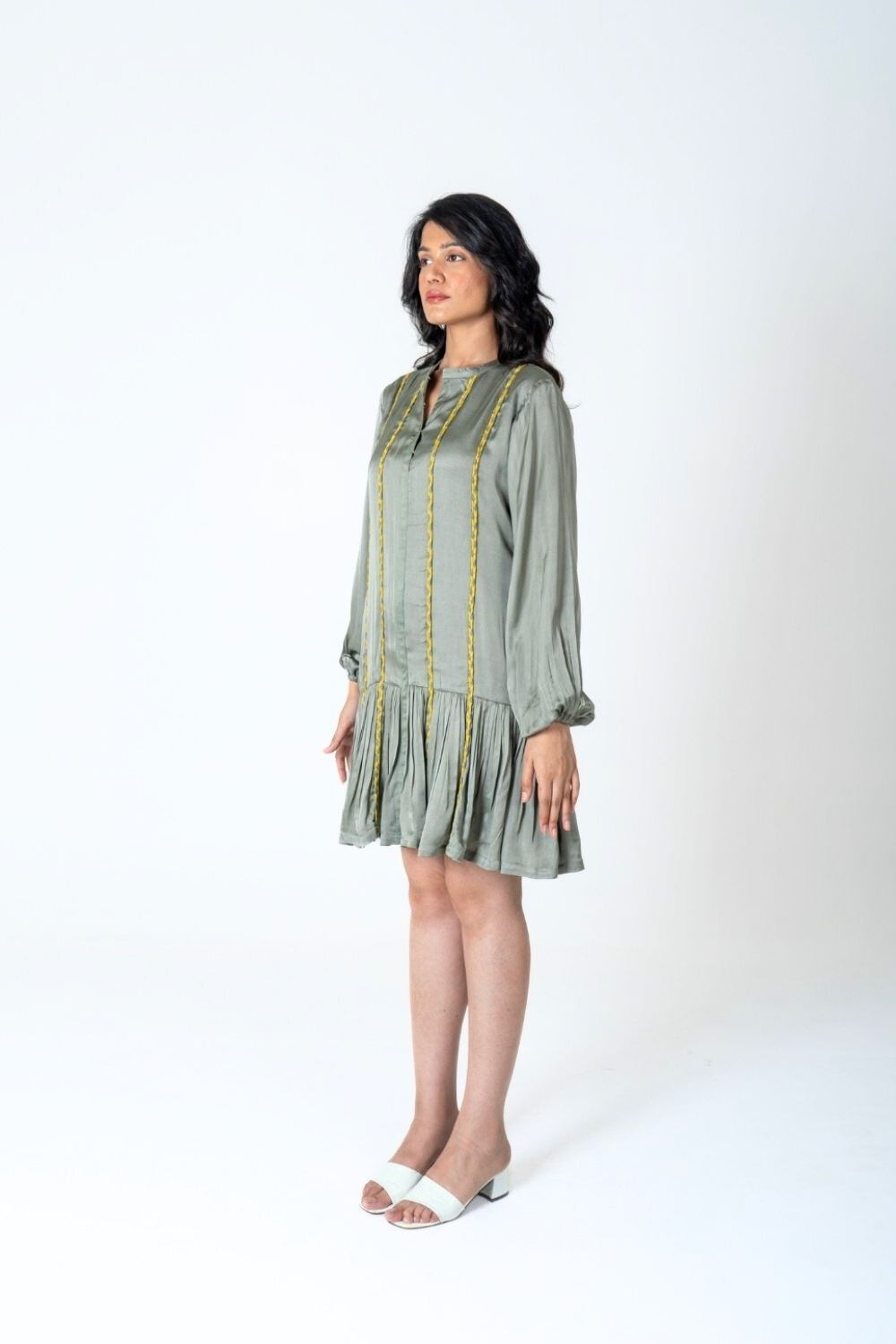 Green-Yellow Braided Short Gather Dress