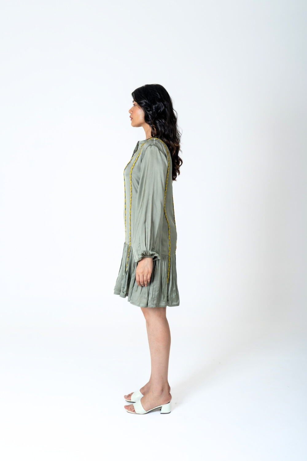 Green-Yellow Braided Short Gather Dress