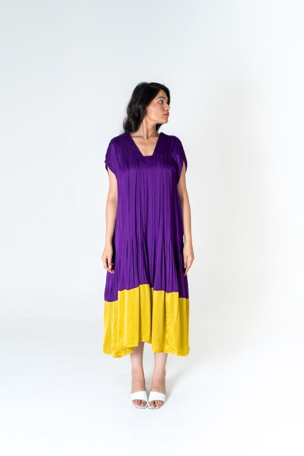 Purple-Yellow Color-Blocked Dress