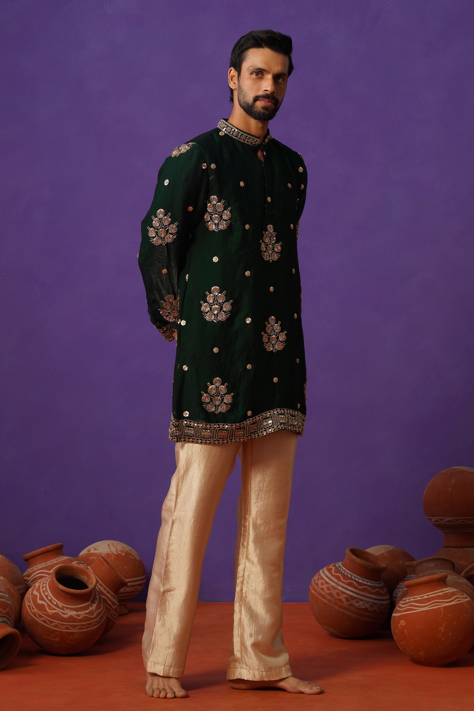 TAJ BOTTLE GREEN SHORT KURTA SET